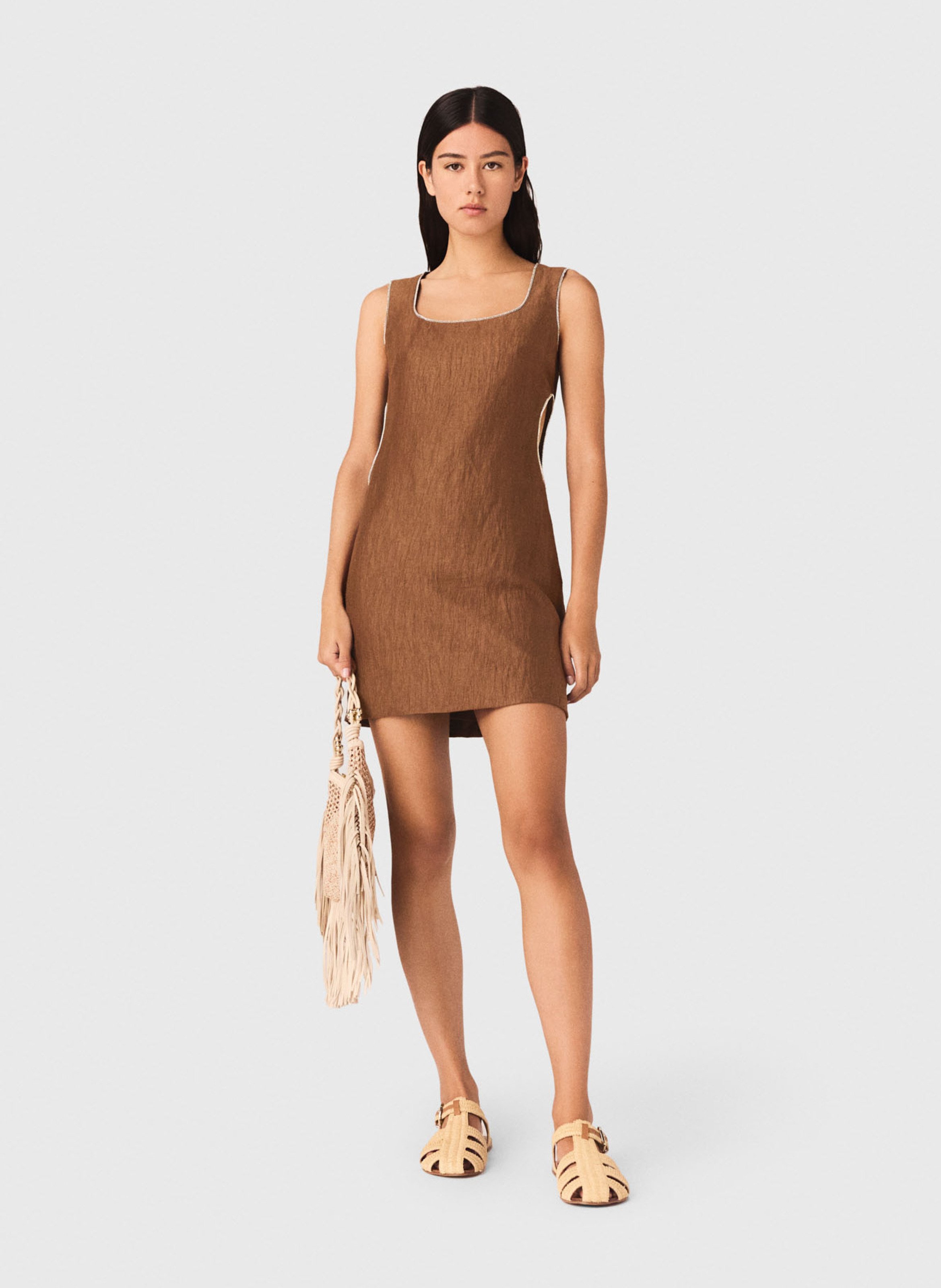 Robe courte à découpes en lin mélangée Marron