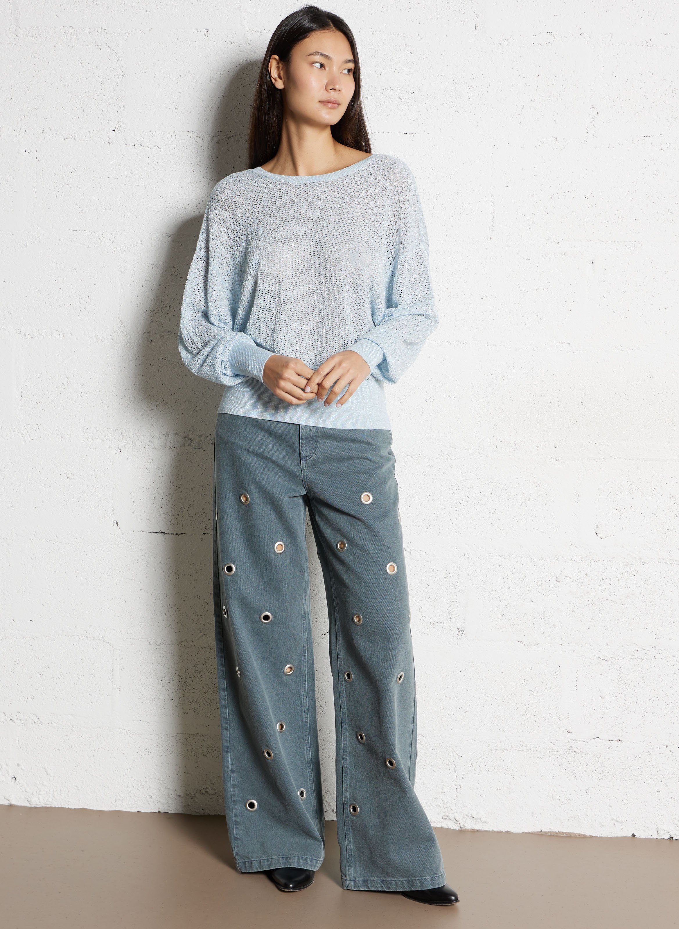 Pull oversize col rond en maille pailletée IKKS Bleu