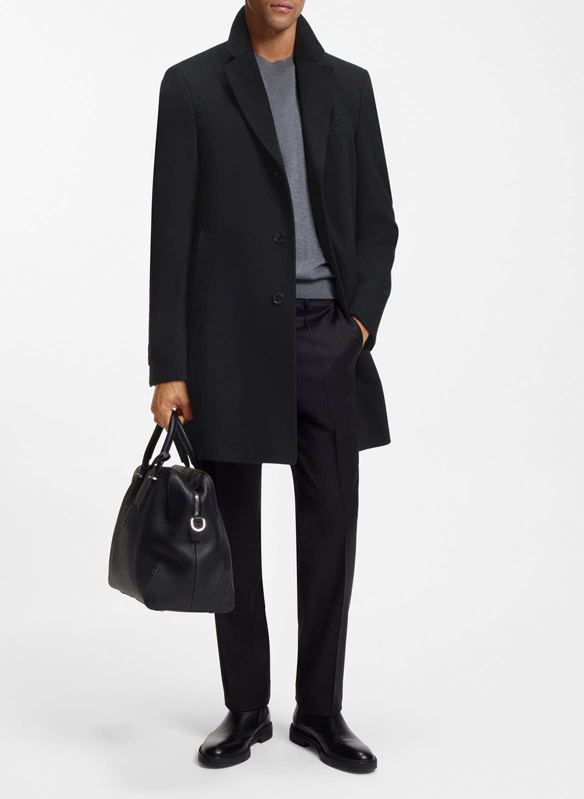 Mantau droit col tailleur en laine recyclée mélangée BOSS Noir