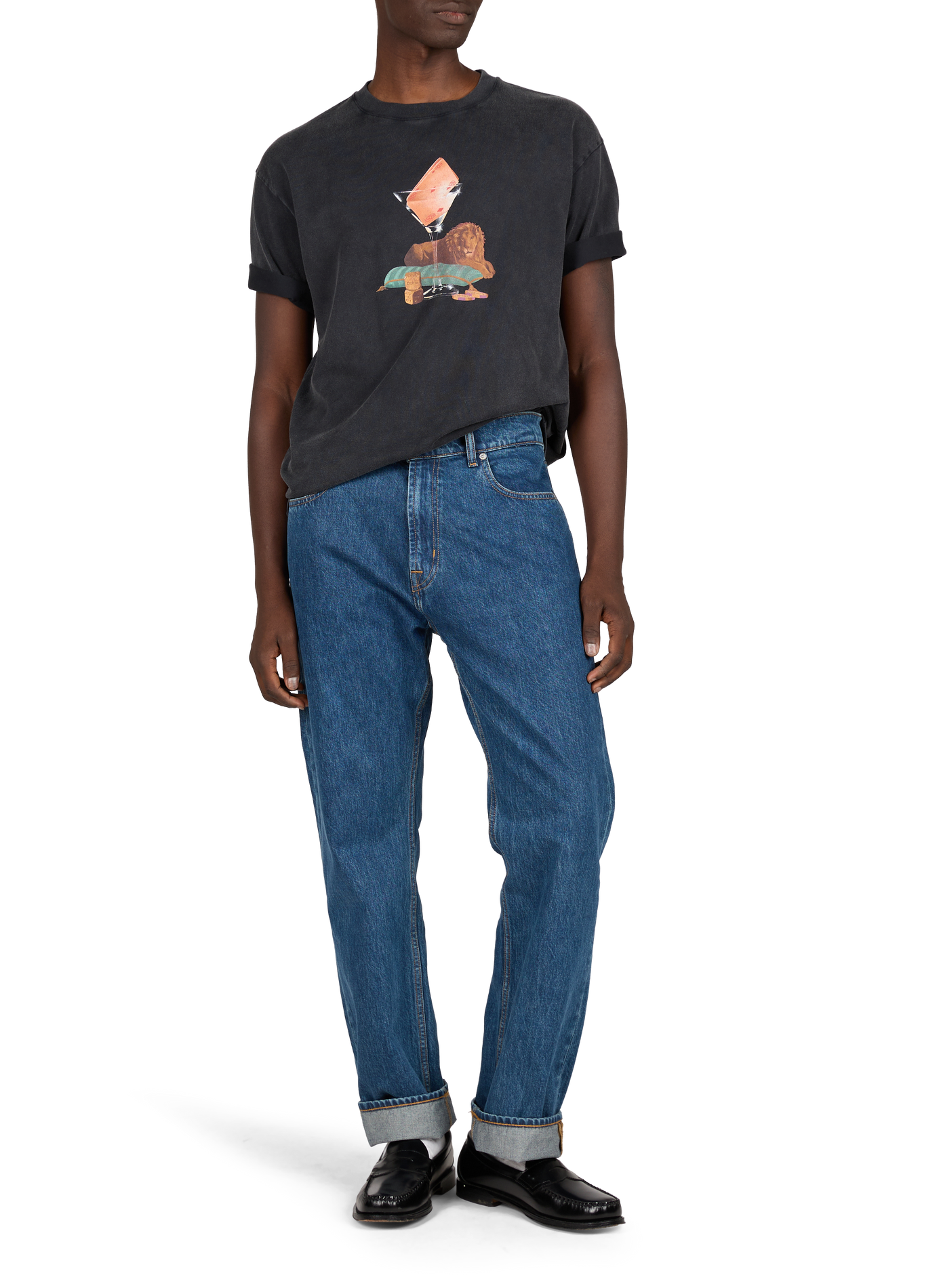 T-shirt Glass lion straight round neck printed in cotton DROLE DE MONSIEUR Black