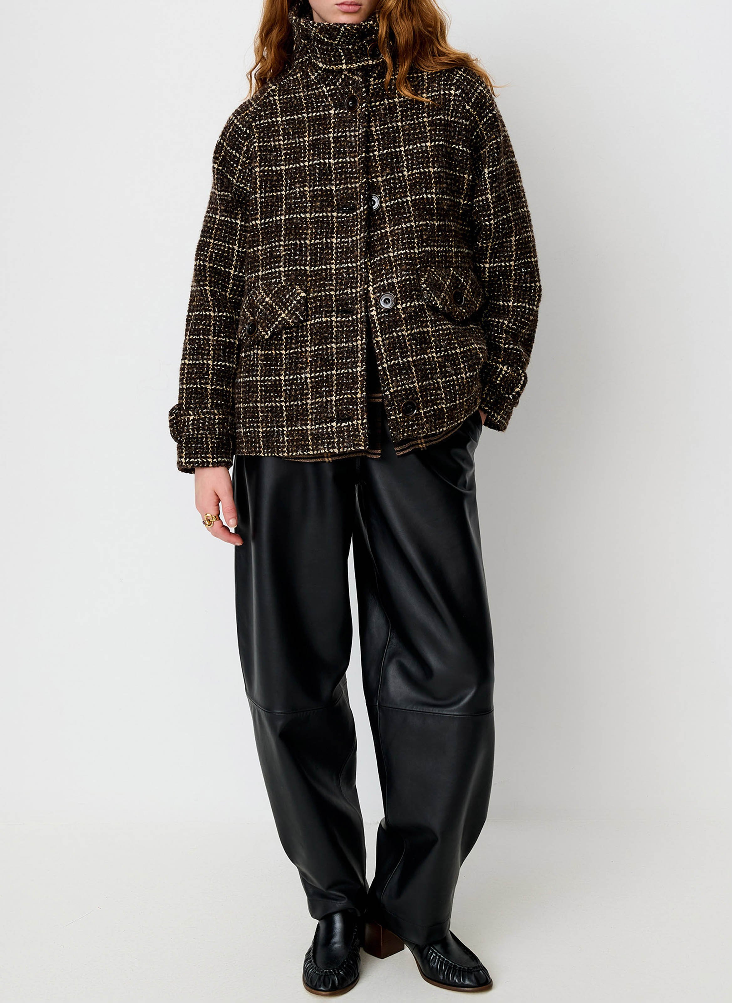 Manteau ample esprit blouson en tissage tartan lee valley SESSUN Marron