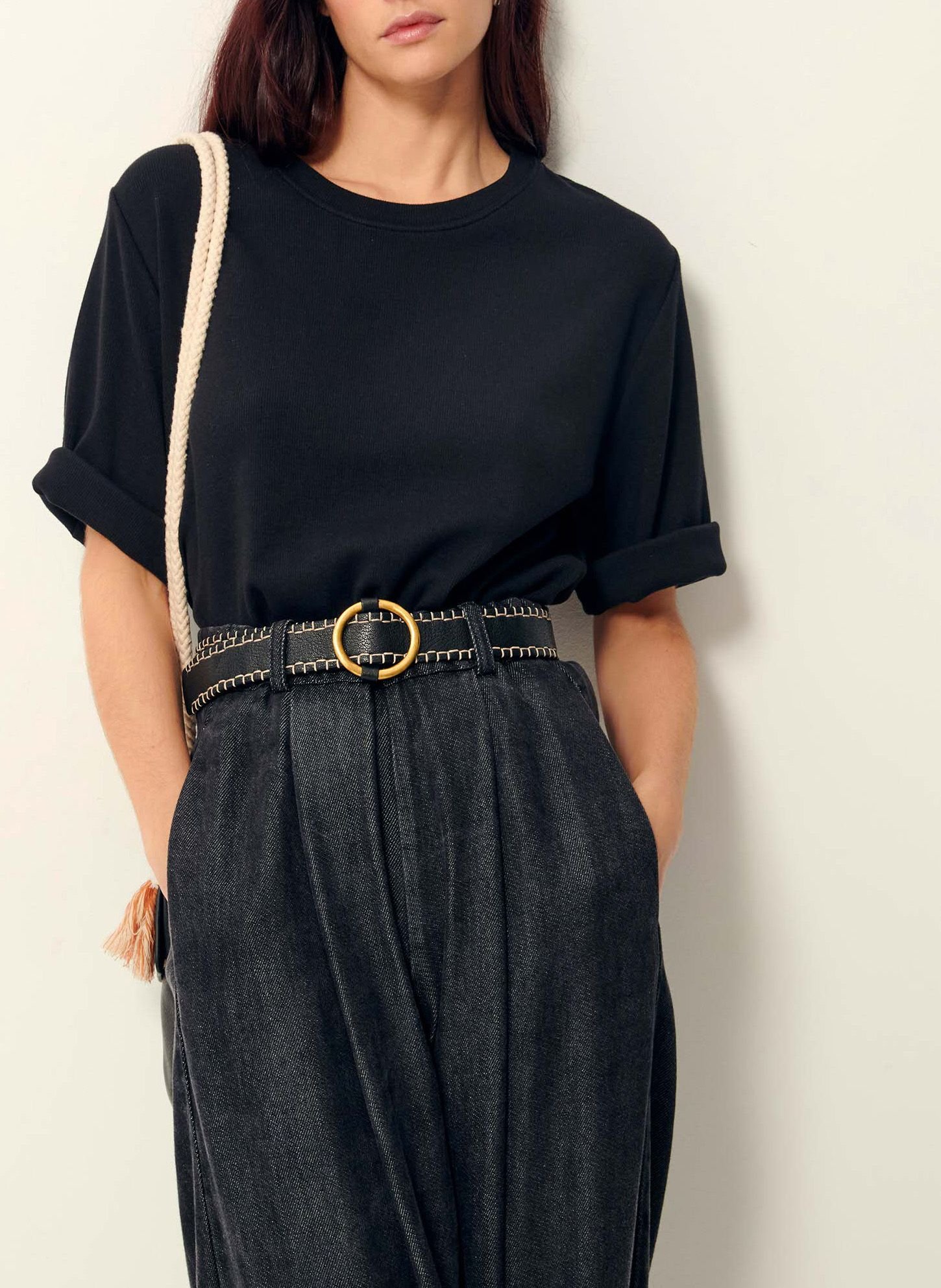 Tee-shirt col rond en jersey côtelé serge co SESSUN Noir