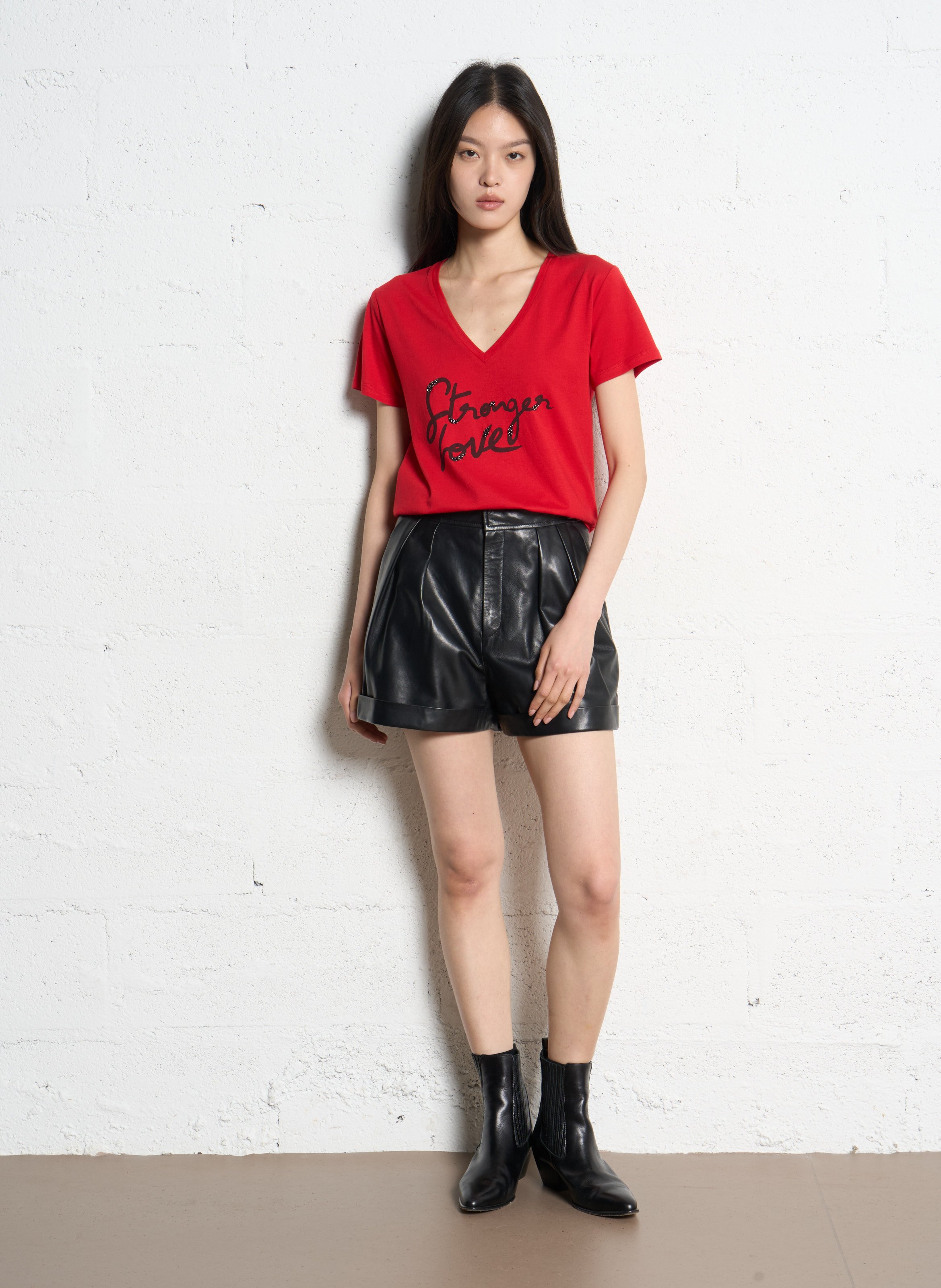 Tee-shirt col v en coton mélangé IKKS Rouge