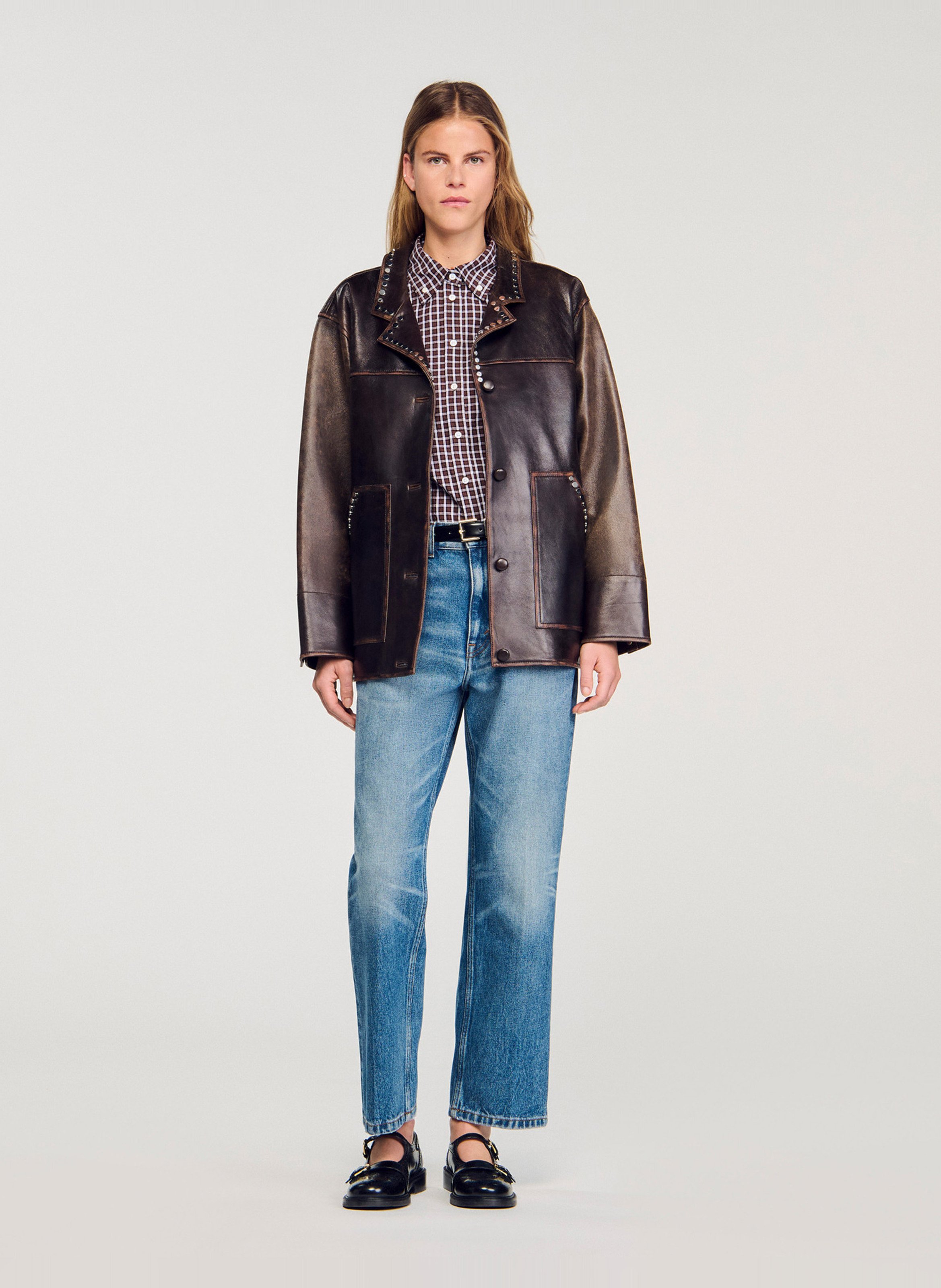 Blouson oversize col tailleur en cuir SANDRO Marron