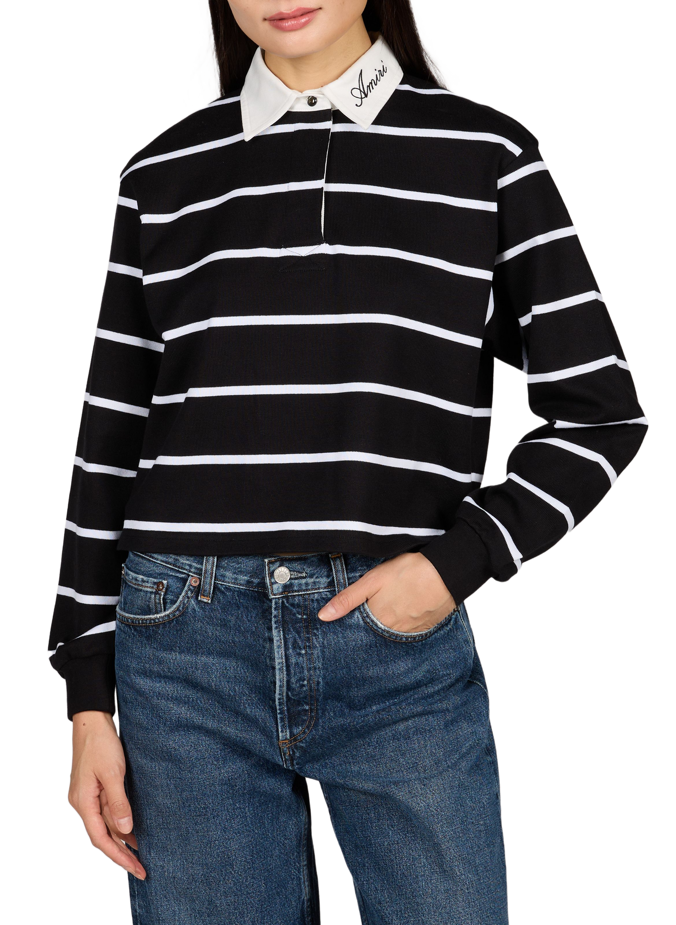 Short-sleeved cotton striped polo AMIRI Black