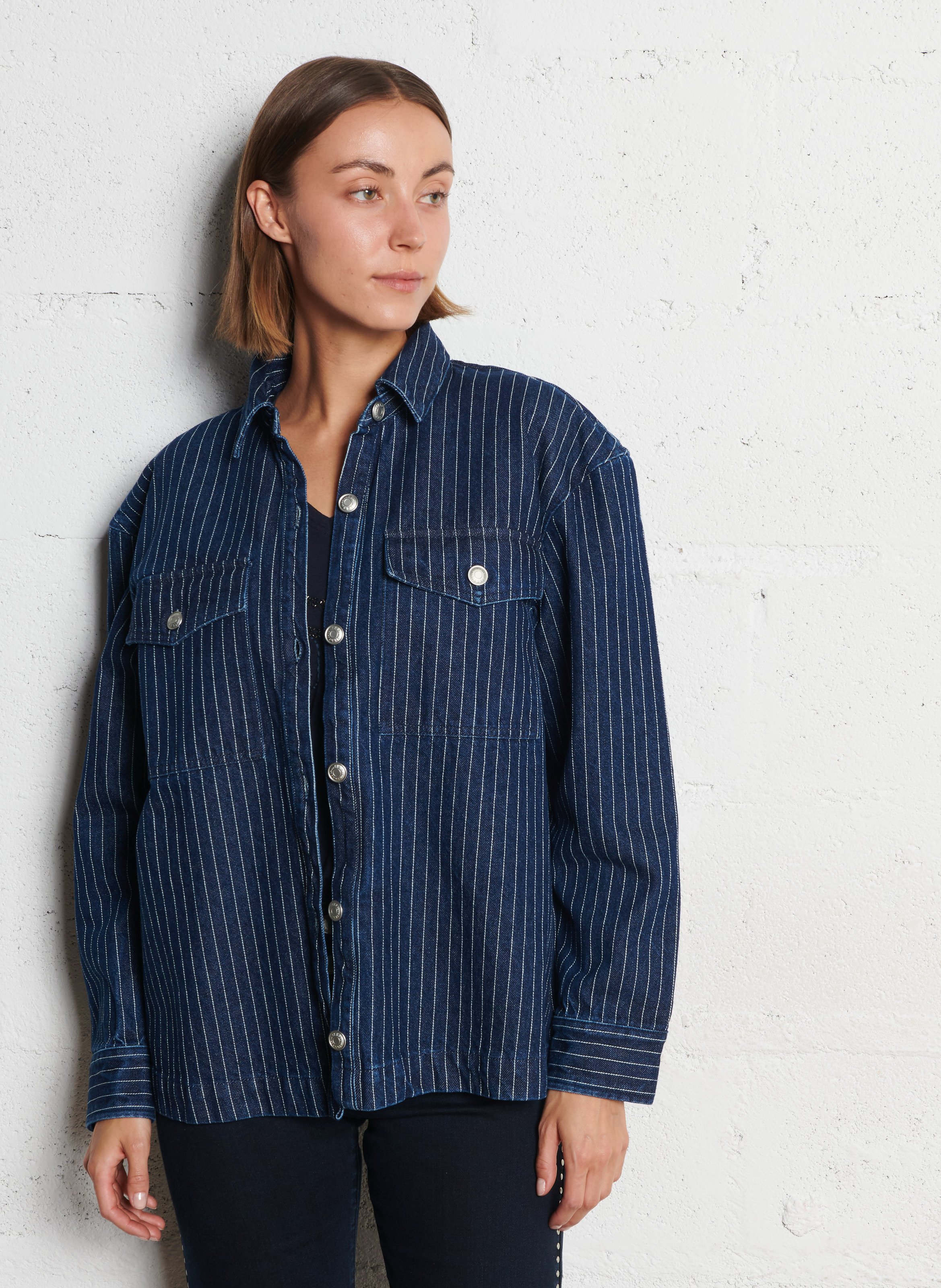 Chemise droite en coton rayé IKKS Blanc