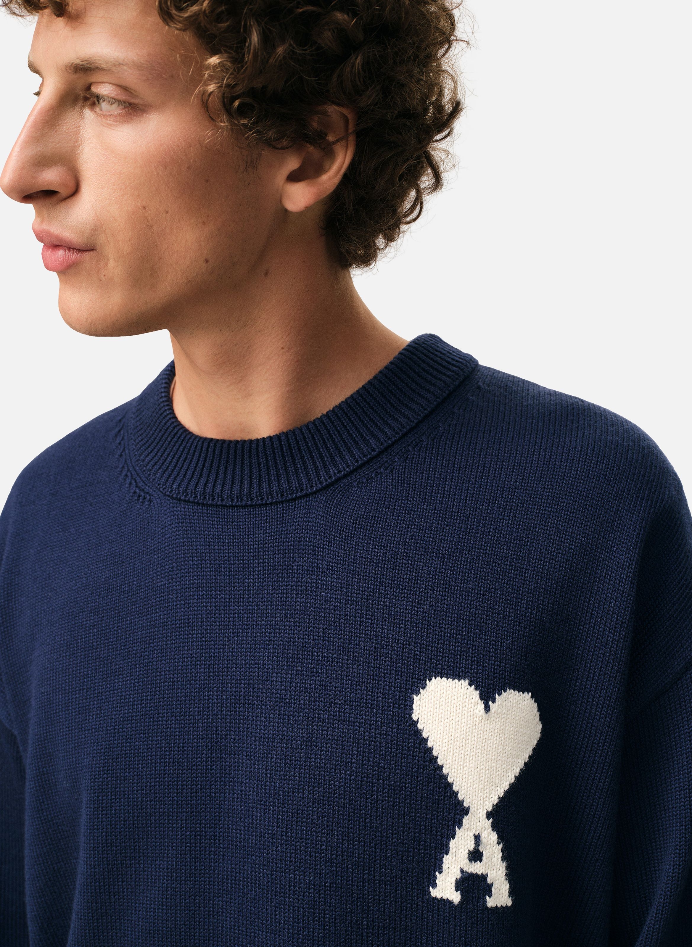 Pull col rond ami de coeur unisexe en laine et coton AMI PARIS Bleu