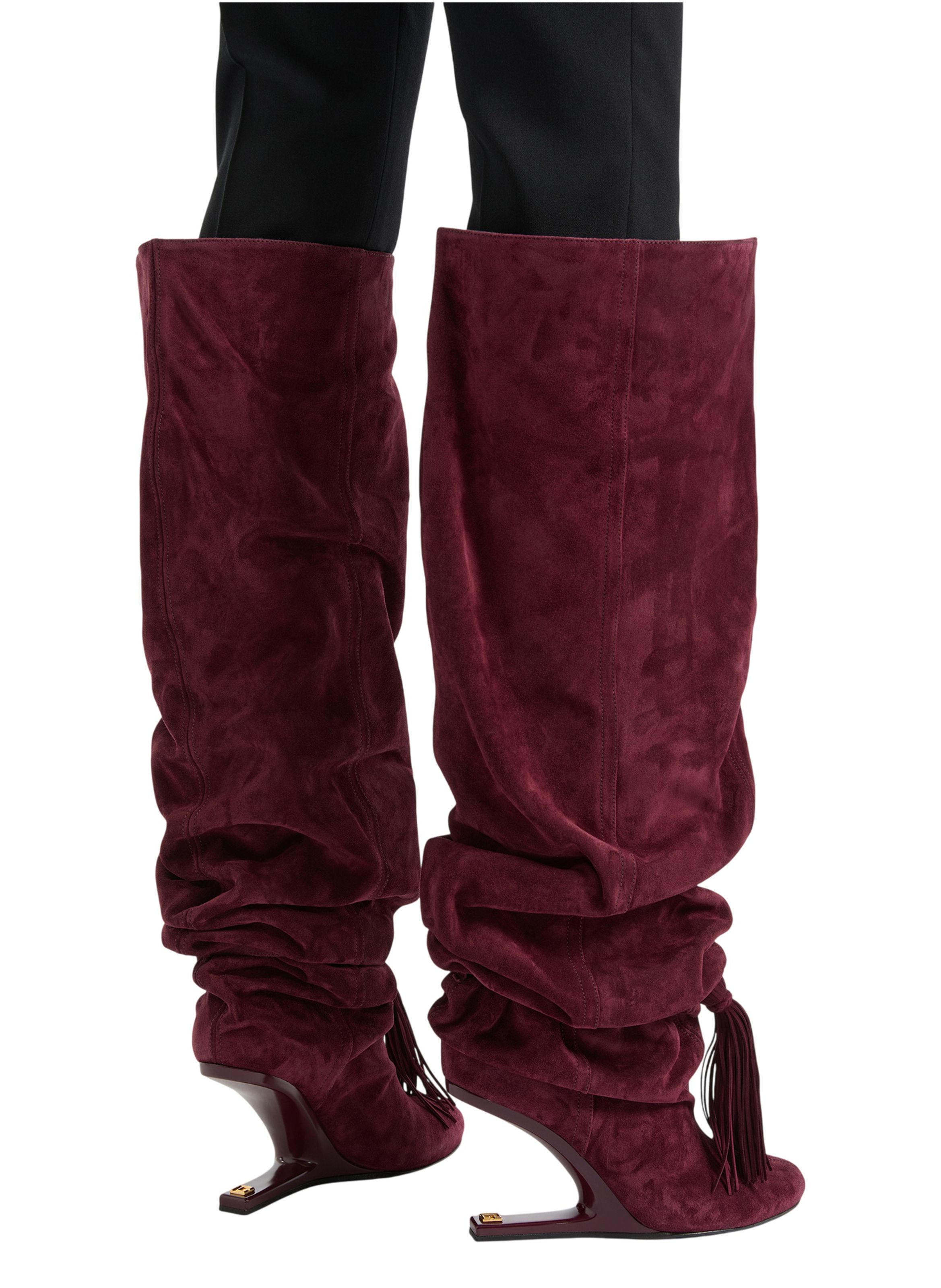 Cuissardes no wedge à pompon en cuir suédé BALMAIN Rouge