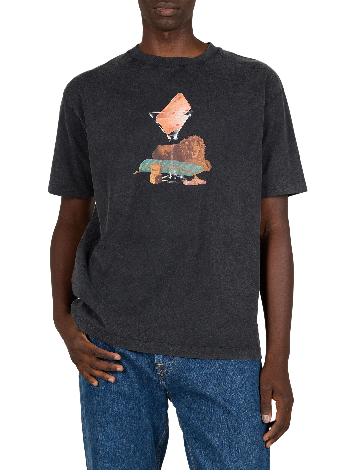T-shirt Glass lion straight round neck printed in cotton DROLE DE MONSIEUR Black