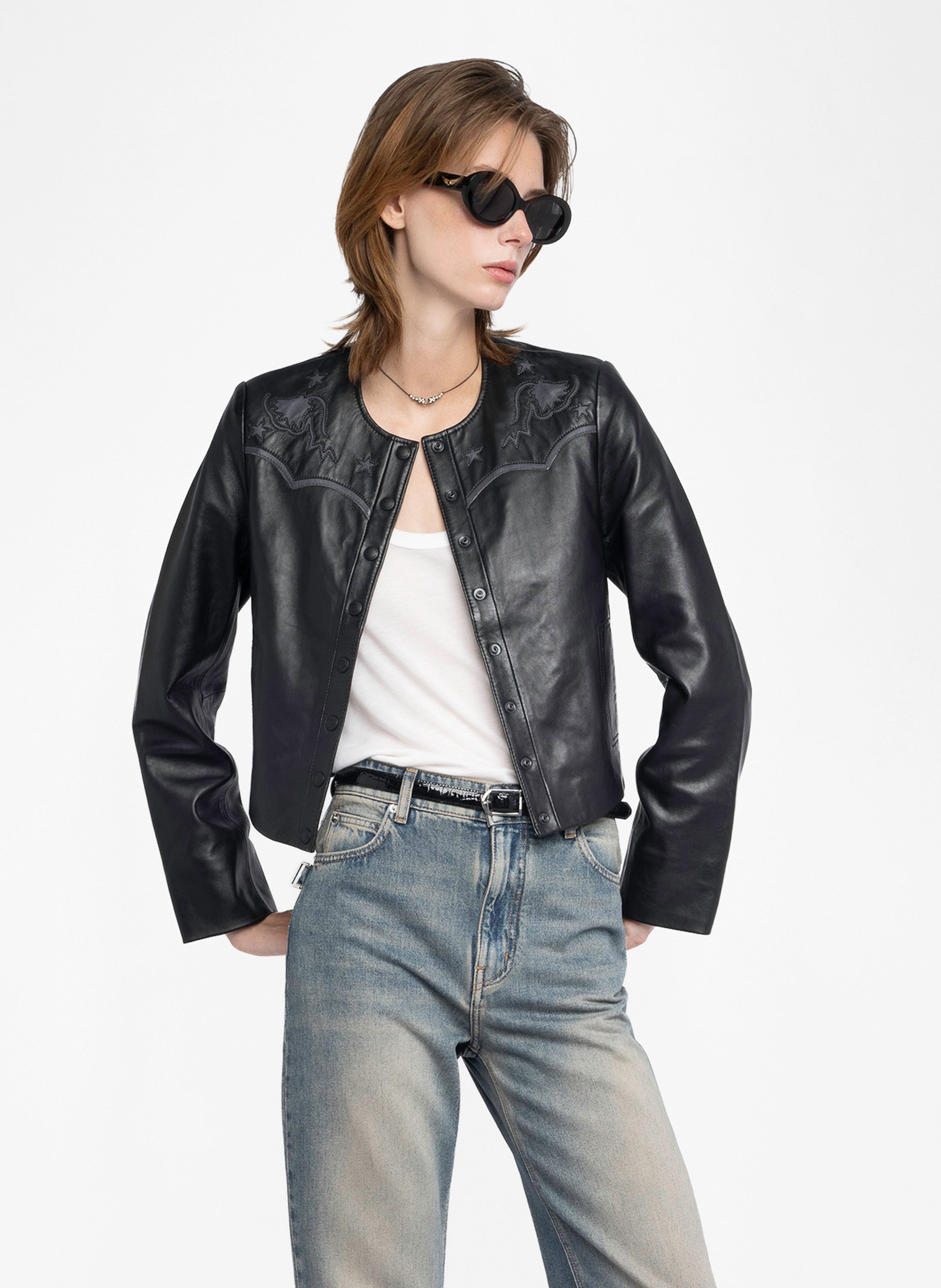 Blouson col rond en cuir luxi ZADIG&VOLTAIRE Noir