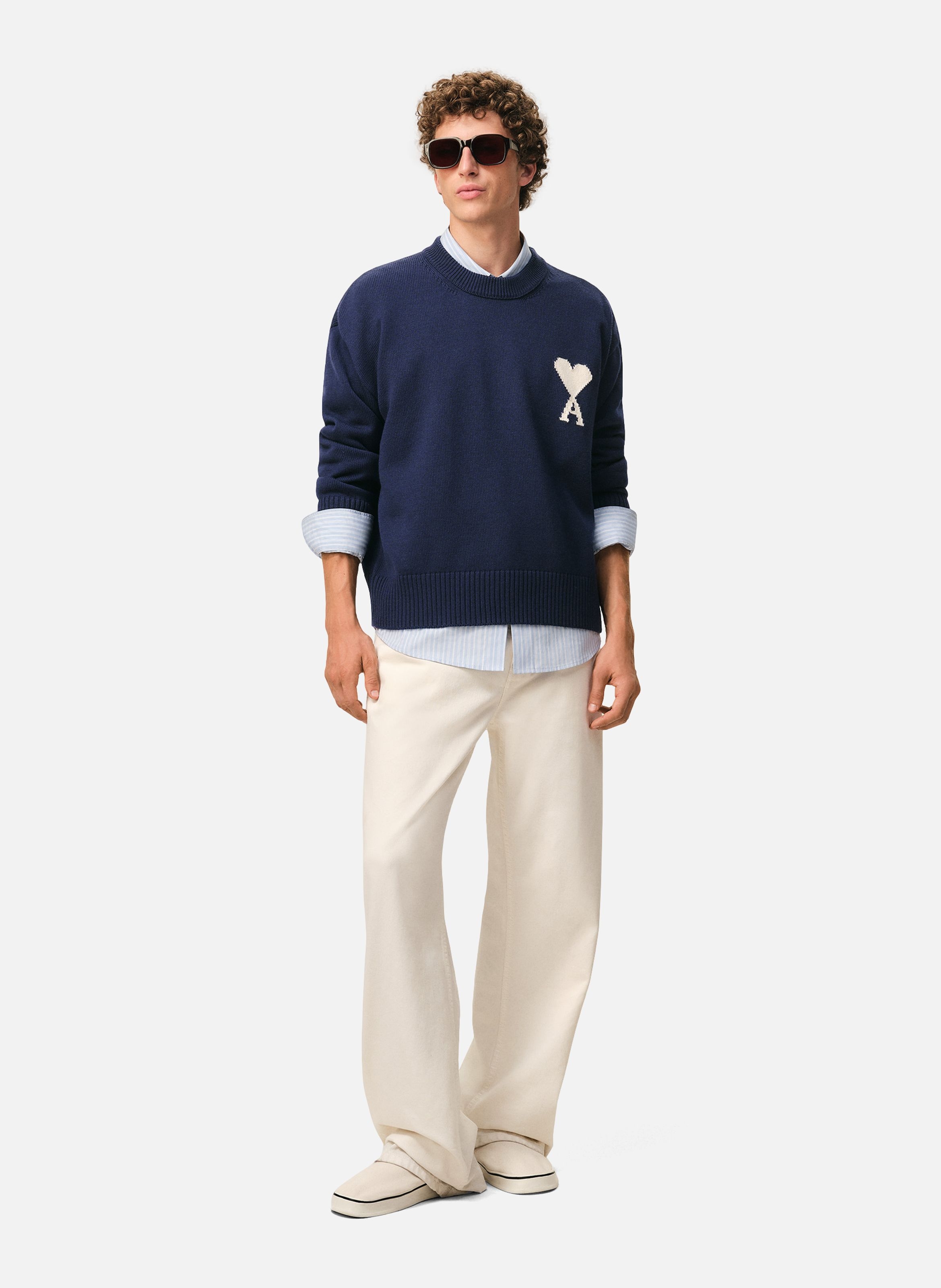 Pull col rond ami de coeur unisexe en laine et coton AMI PARIS Bleu