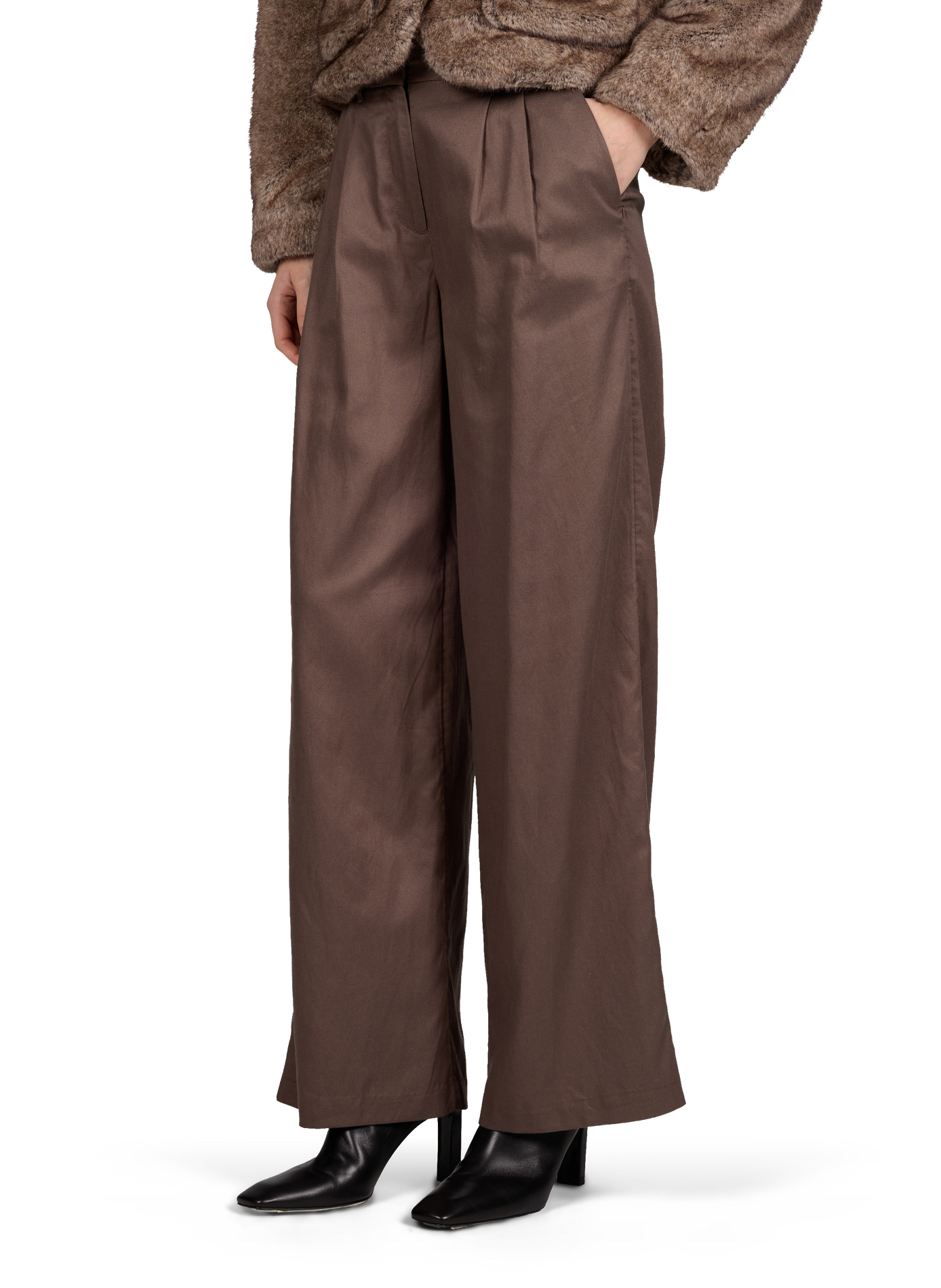 Pantalon large en coton et lin mélangé OBJECT Marron