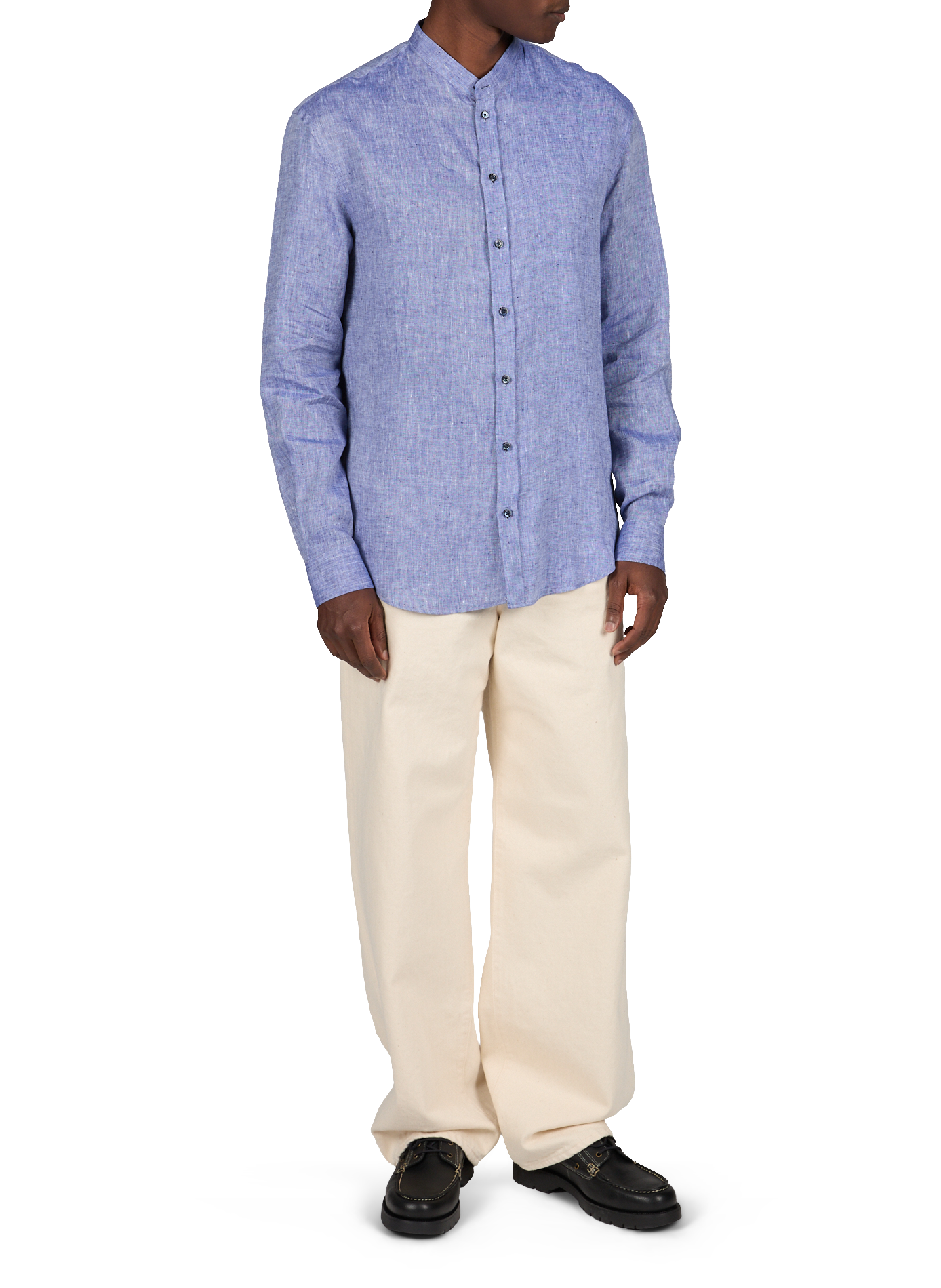 Chemise à col officier en pur lin EMPORIO ARMANI Bleu