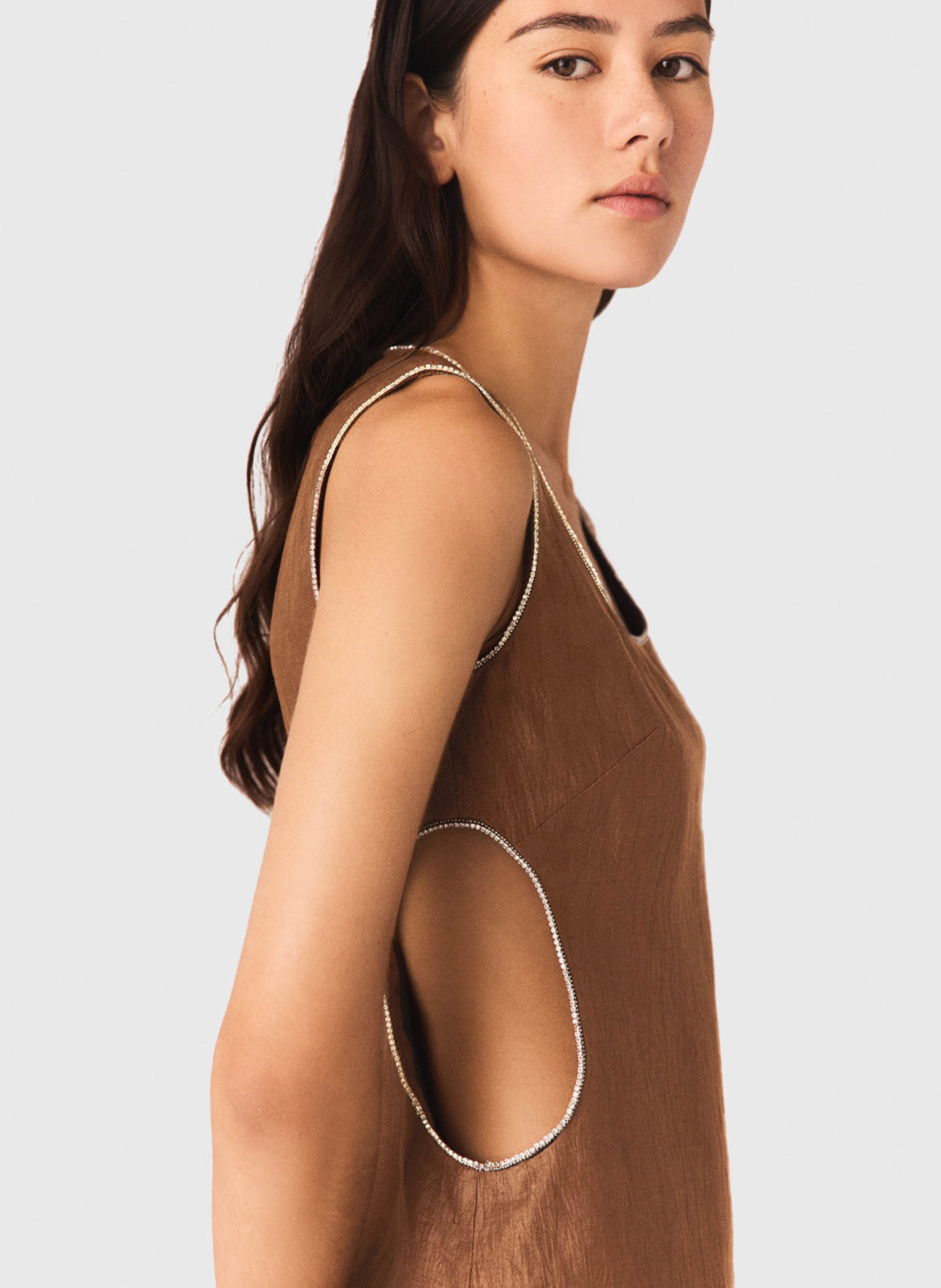 Robe courte à découpes en lin mélangée Marron