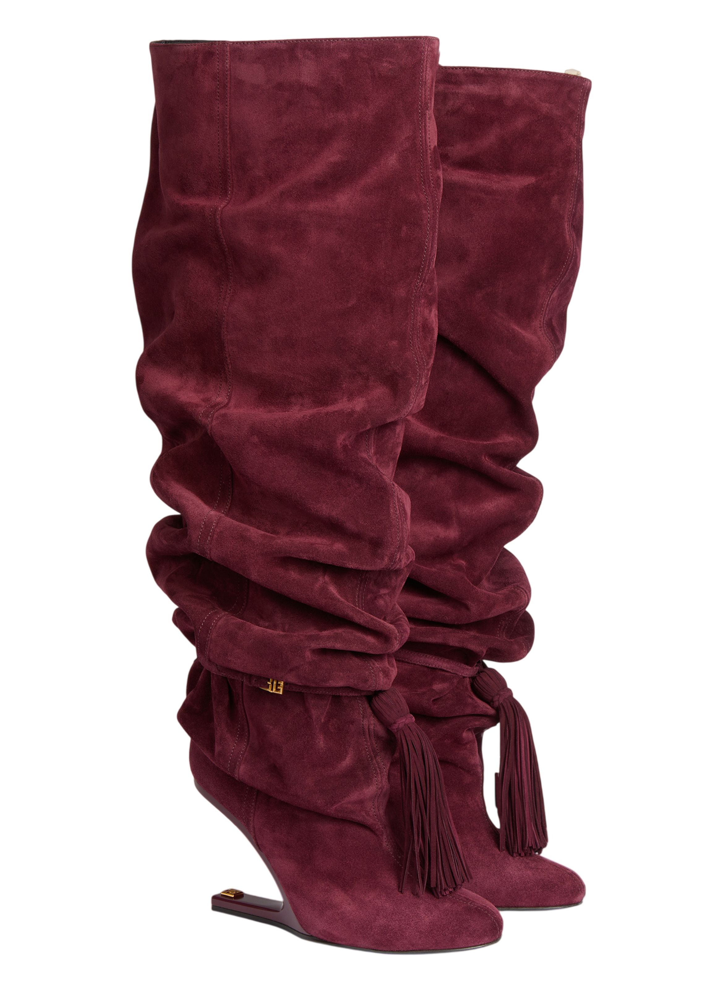Cuissardes no wedge à pompon en cuir suédé BALMAIN Rouge