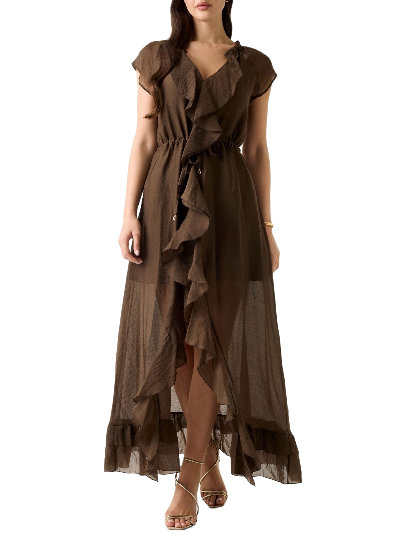 Robe long à volants en coton mélangé GUESS Marron