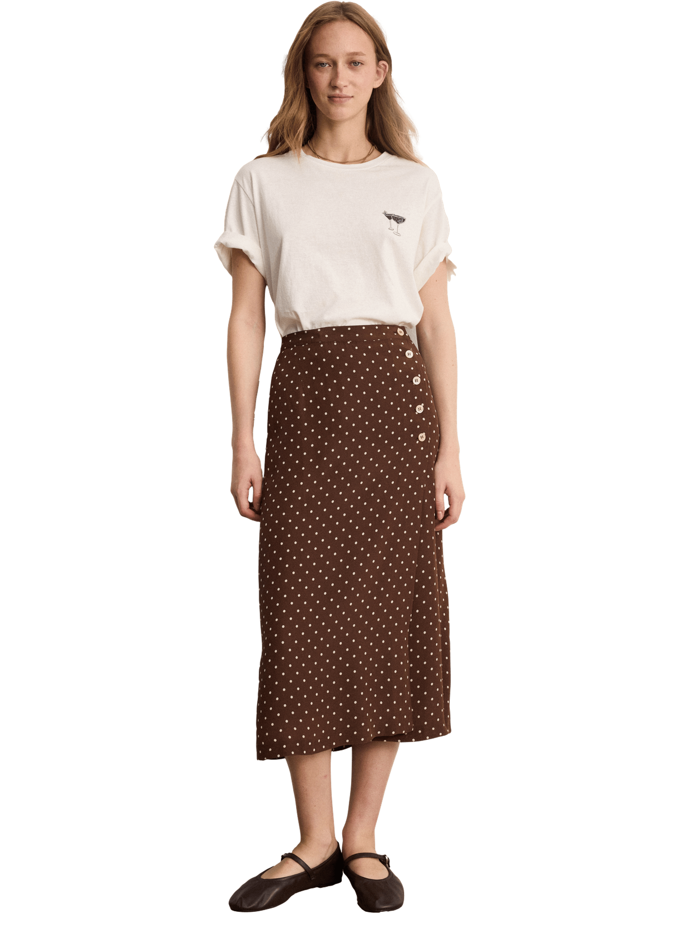 Jupe midi à pois et boutons - nayane PABLO Marron