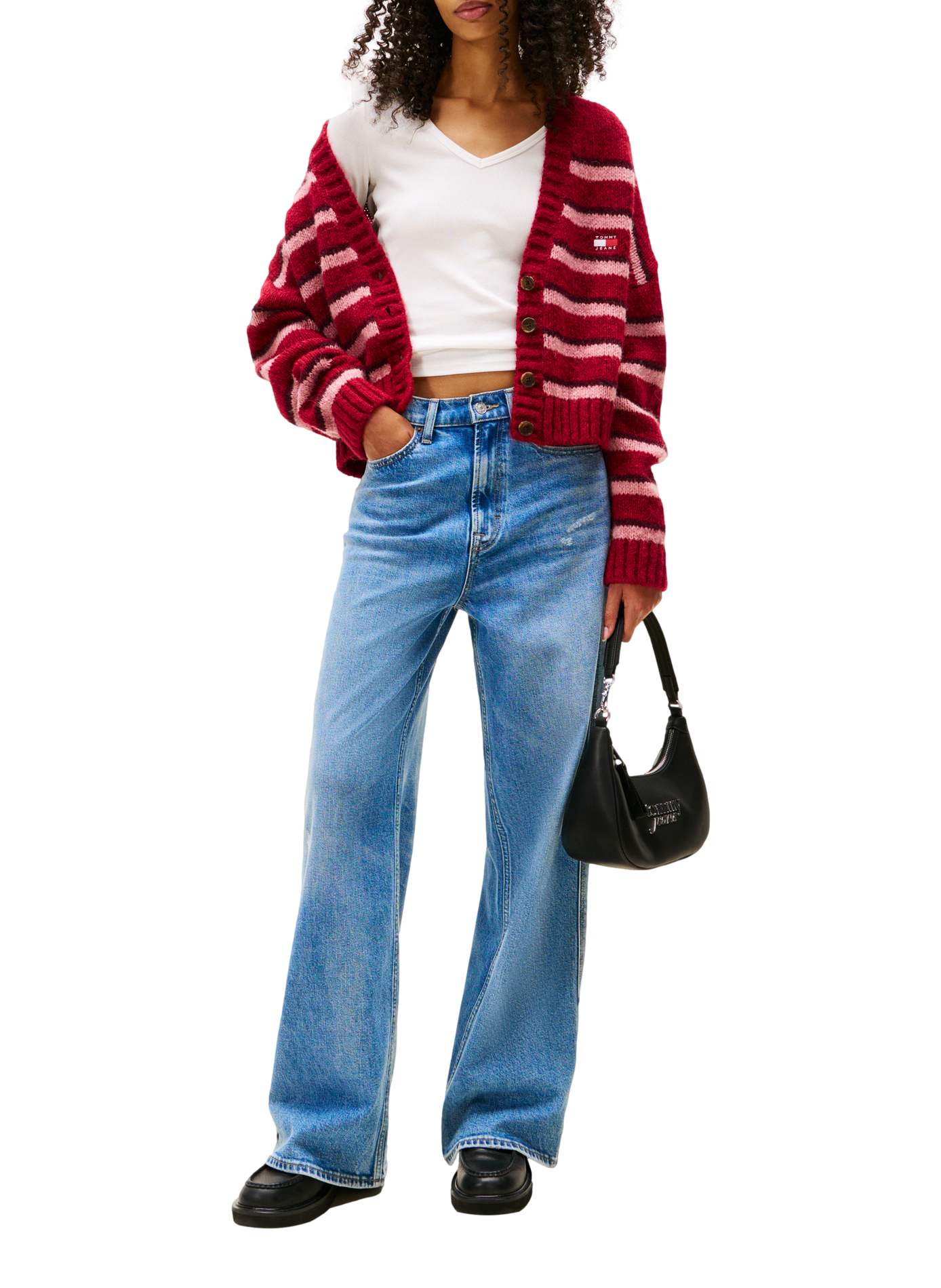 Ribbed V-neck cotton blend T-shirt | White TOMMY HILFIGER Women