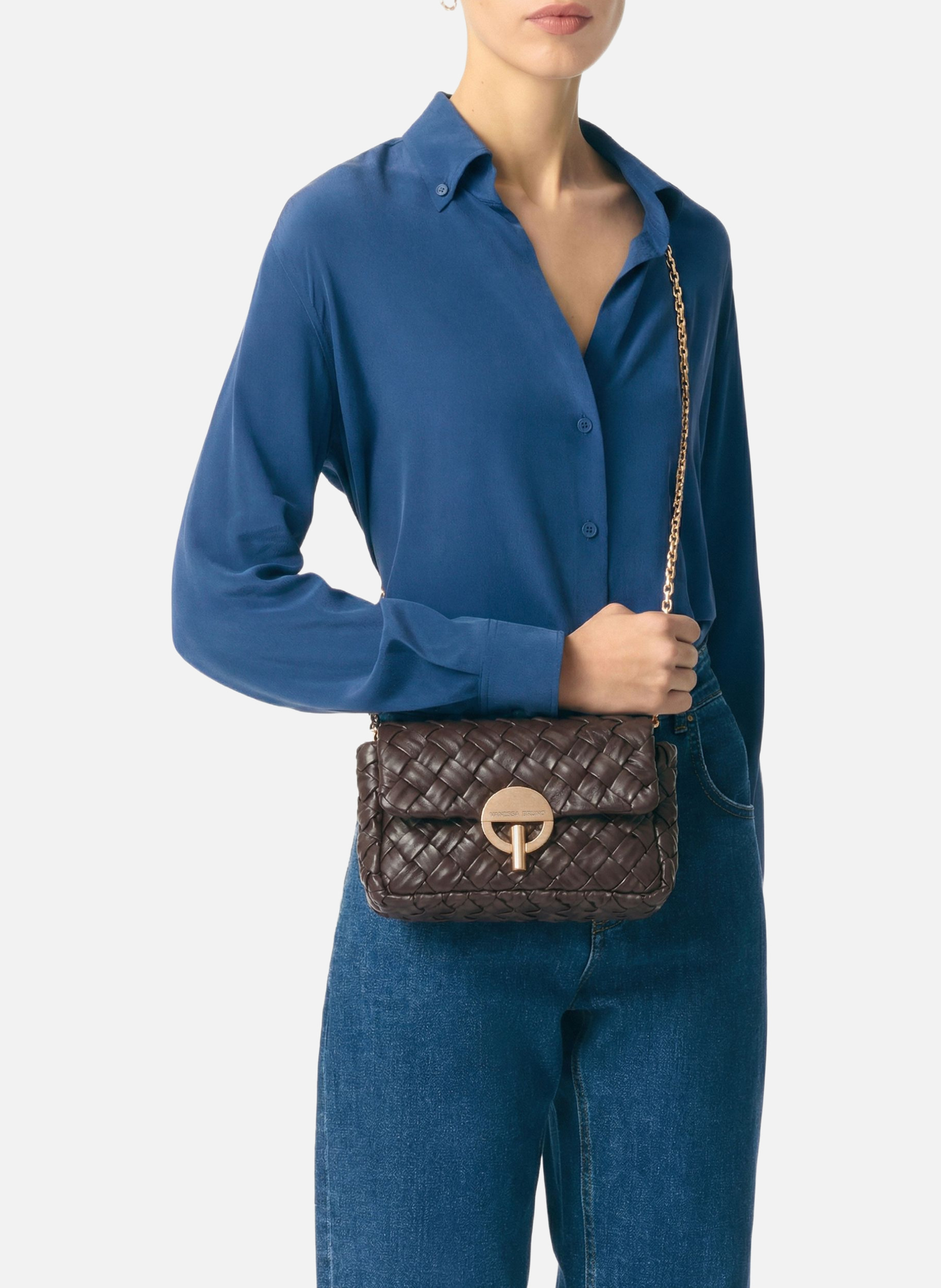 Moyen sac moon en cuir tressé VANESSA BRUNO Marron