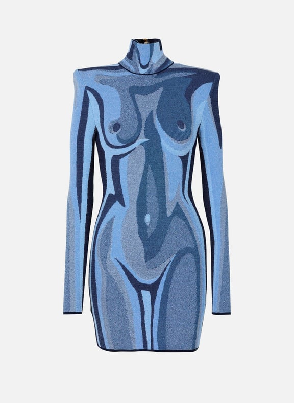 Robe en maille jacquard avec trompe-l'œil corps Bleu by BALMAIN BALMAIN Robe en maille jacquard avec trompe-l'œil corps Bleu