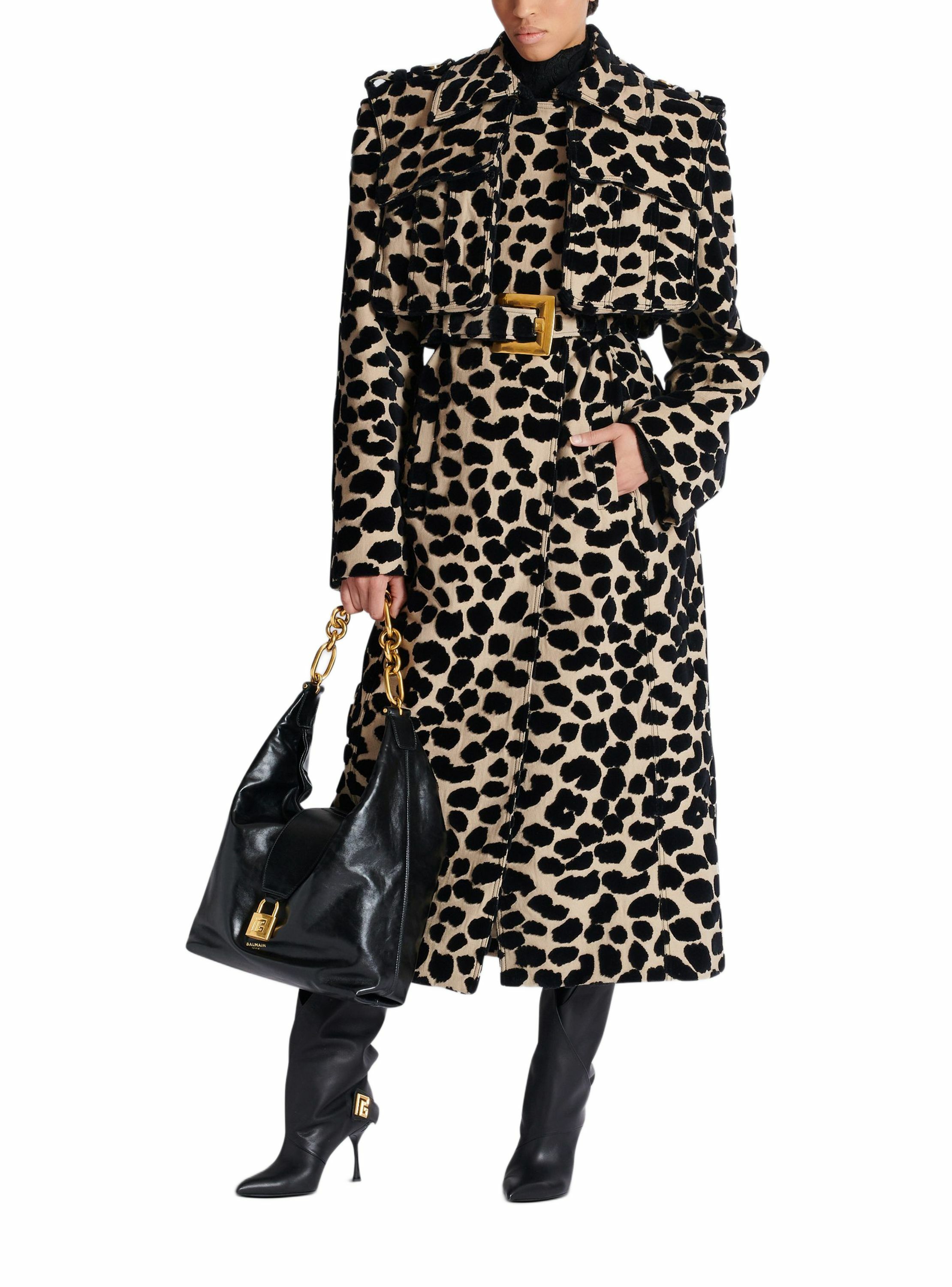 Trench ceinturé en jacquard motif léopard BALMAIN Noir