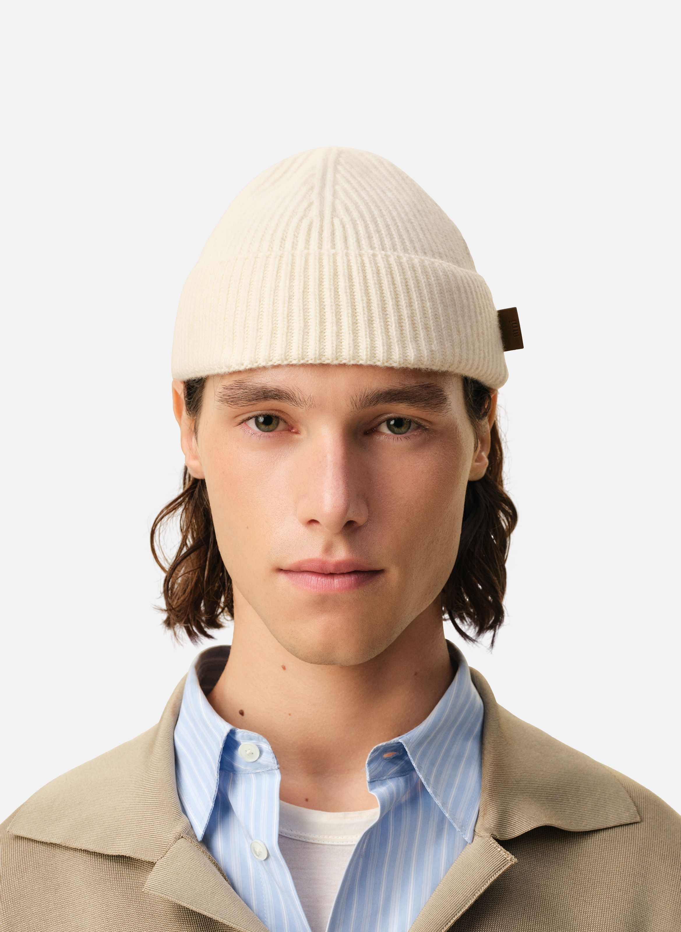 Bonnet etiquette cuir ami unisexe en laine AMI PARIS Blanc