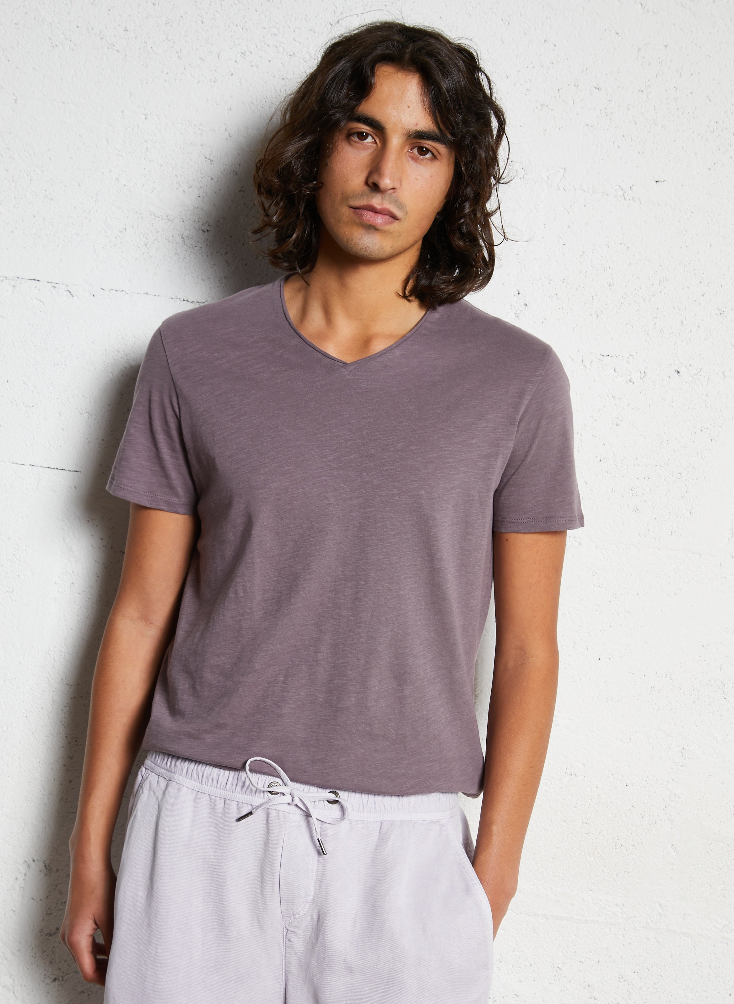 Tee-shirt droit col v en coton IKKS Violet