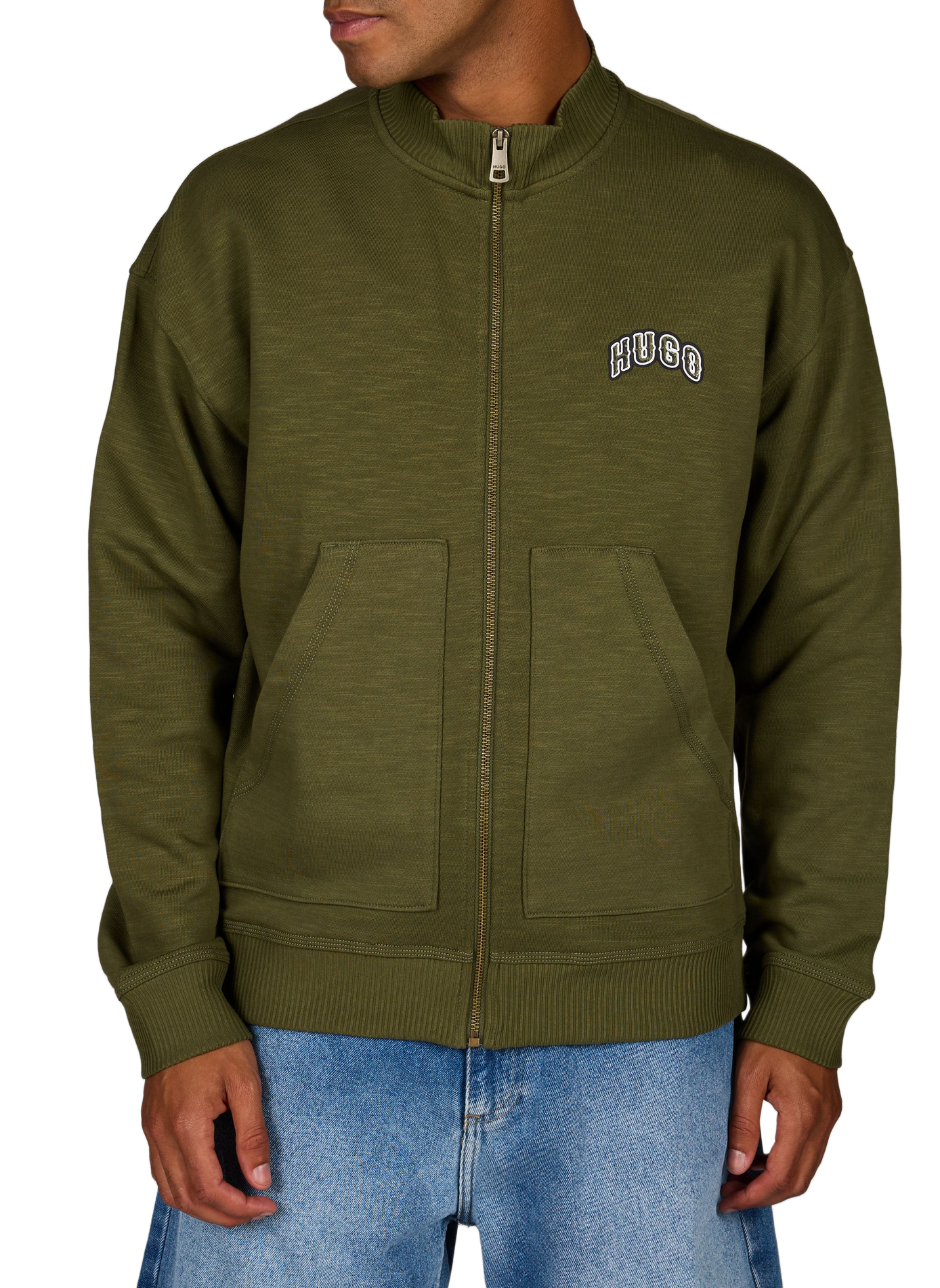 Zip-up high-neck cotton sweatshirt HUGO BLUE Green