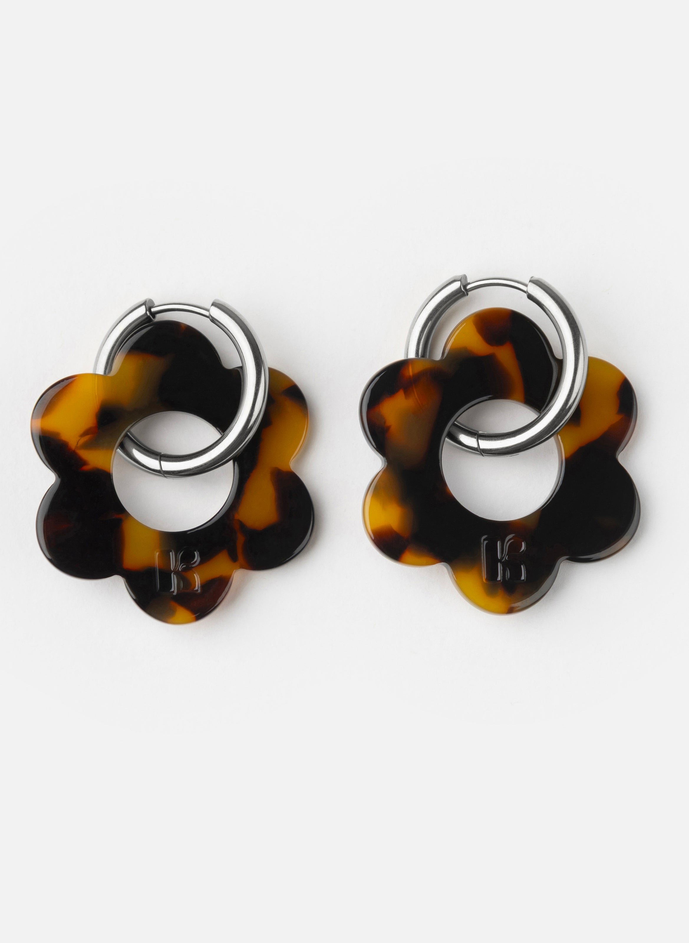 Boucles d'oreilles Maxi Fleurette avec anneaux en acier inoxydable argenté KURAGE GINZA Marron
