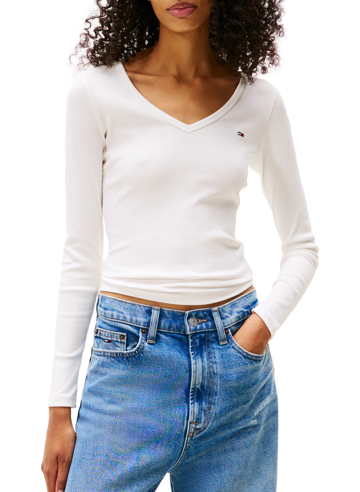 Ribbed V-neck cotton blend T-shirt | White TOMMY HILFIGER Women