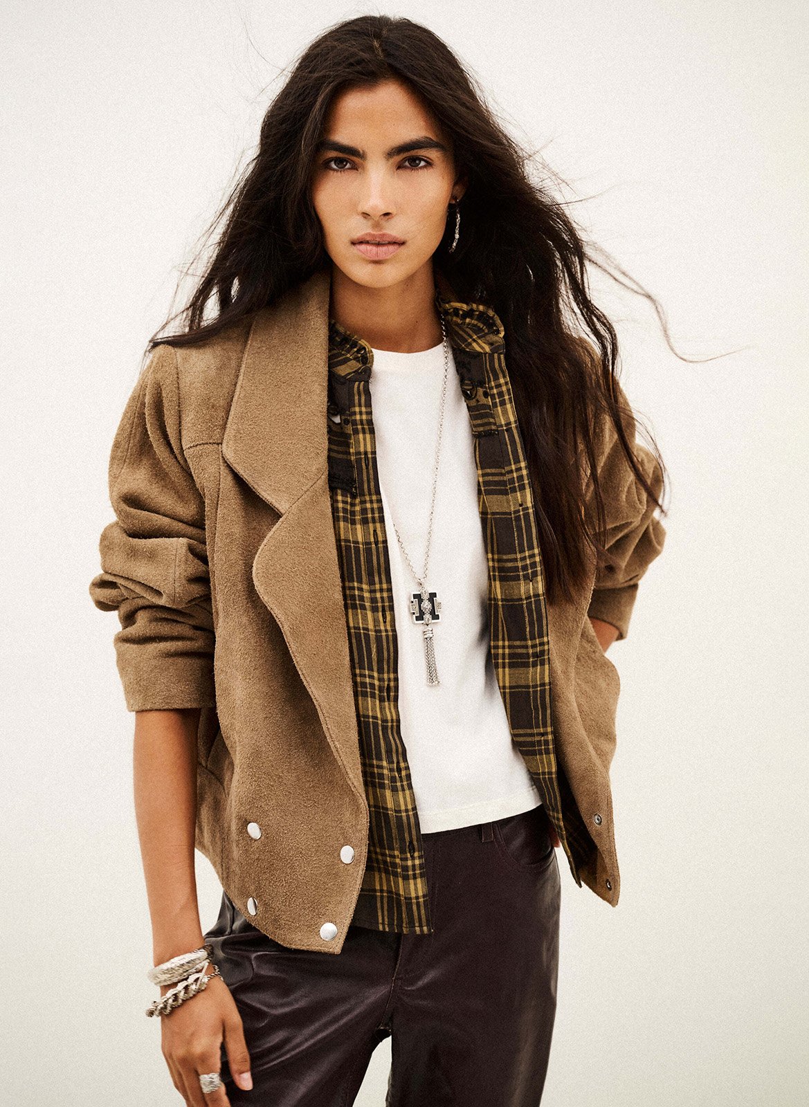 Veste droite col tailleur uni en cuir cowy BA&SH Beige