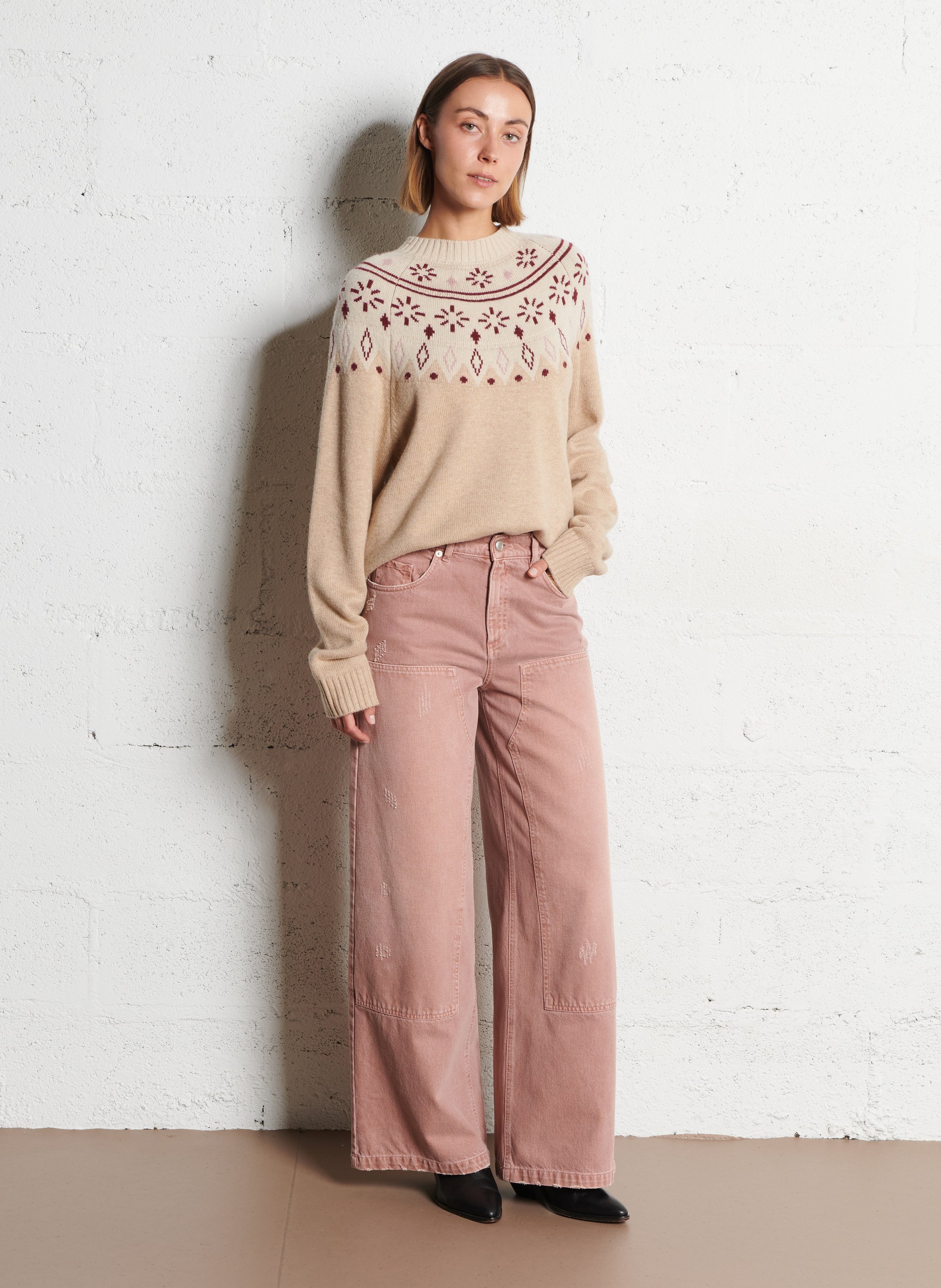 Jean large taille haute effet usé mila IKKS Rose