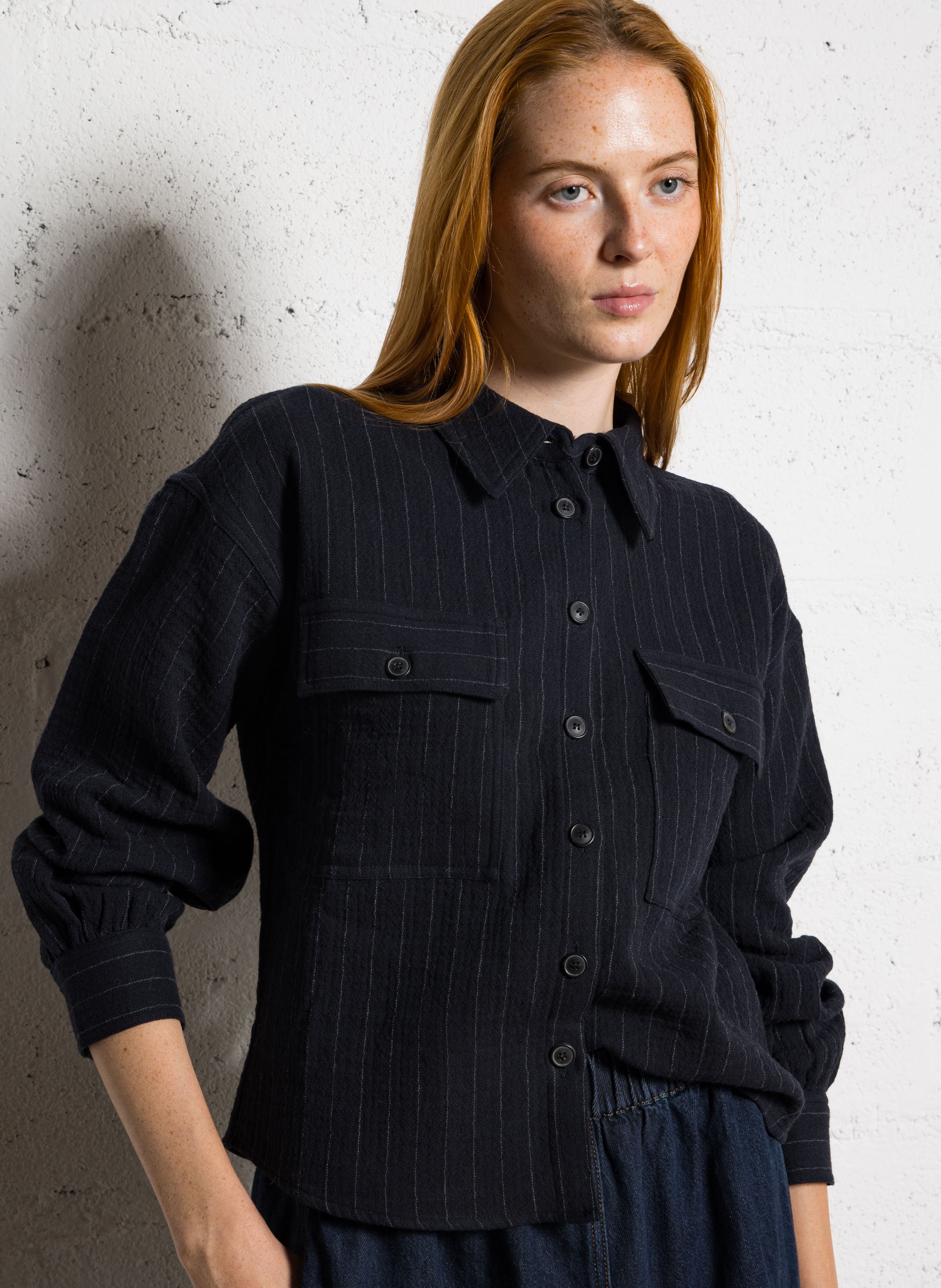 Chemise droite col classique en coton mélangé rayé clara MAISON 123 Bleu