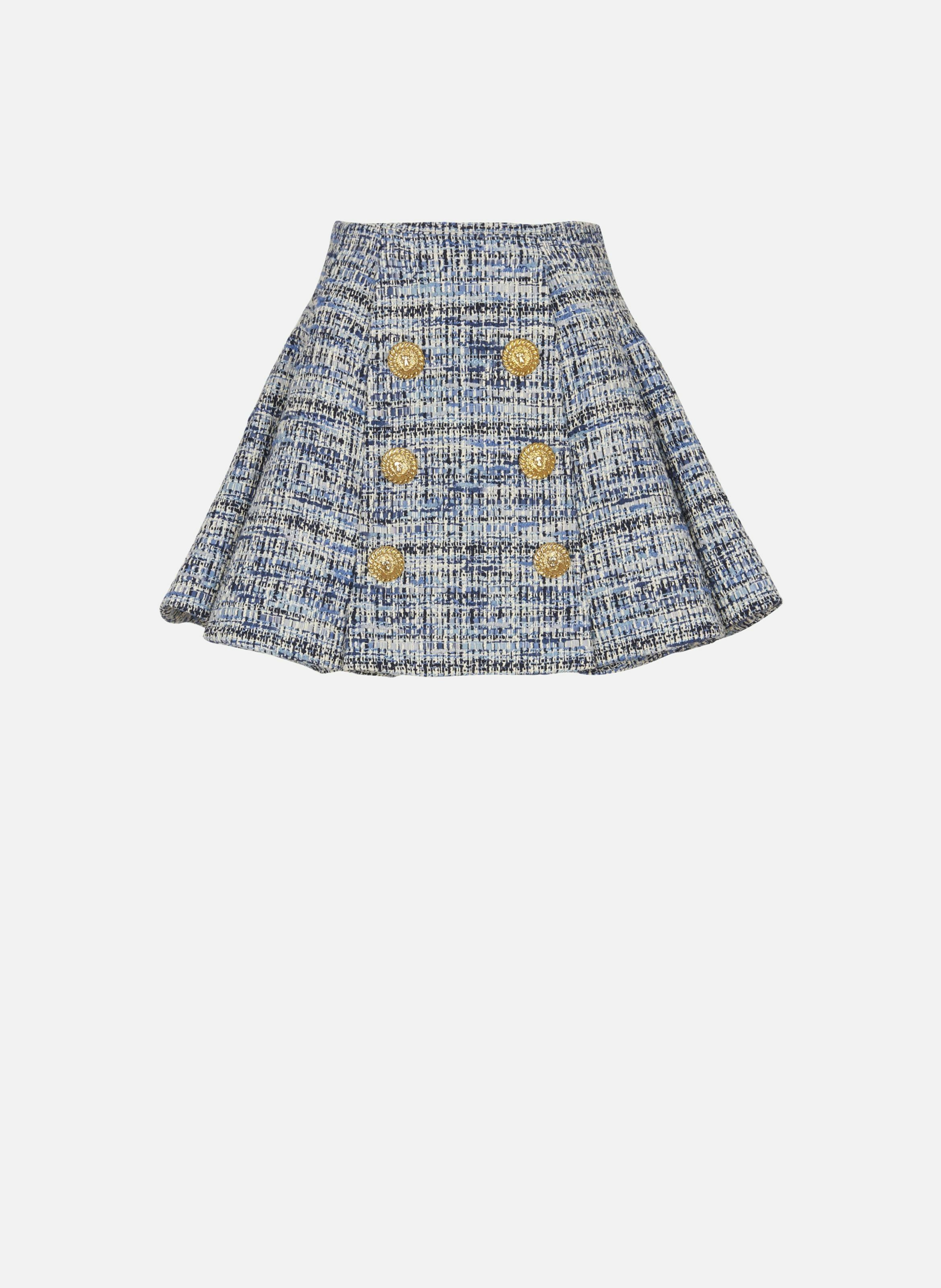 Jupe évasée à plis en tweed BALMAIN Bleu