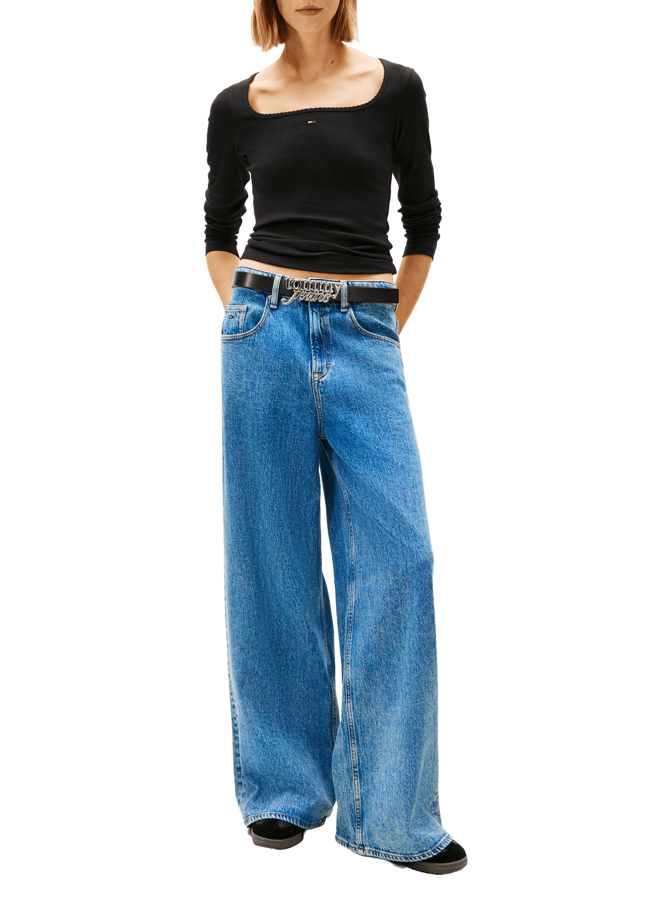 T-shirt côtelé à col carré en coton mélangé TOMMY HILFIGER Noir