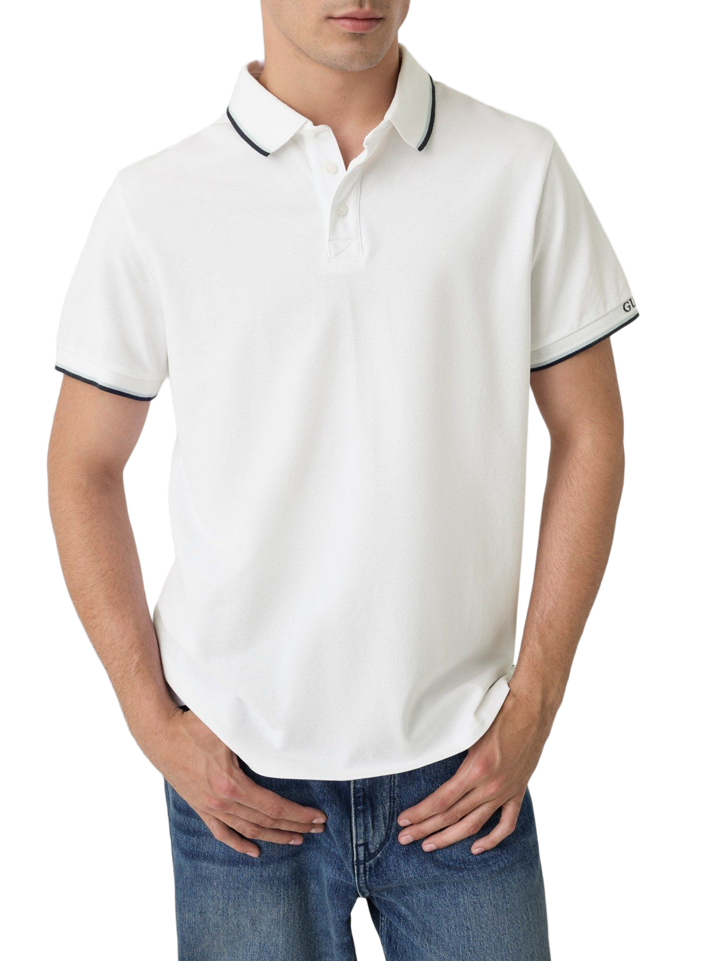 Plain polo with striped logo border in mixed cotton GUESS White