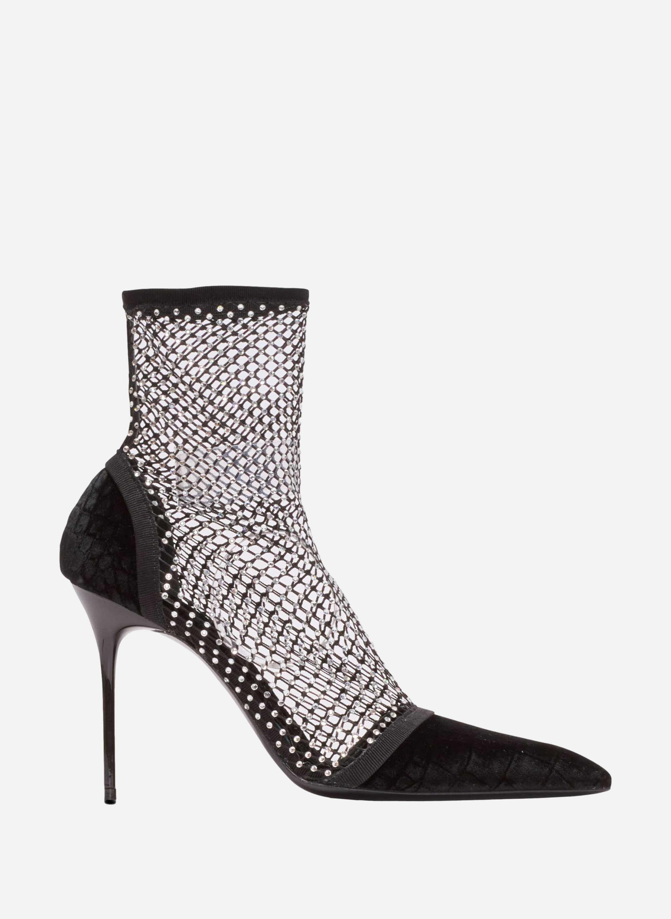 Bottines en résille à talons avec velours et strass BALMAIN Noir