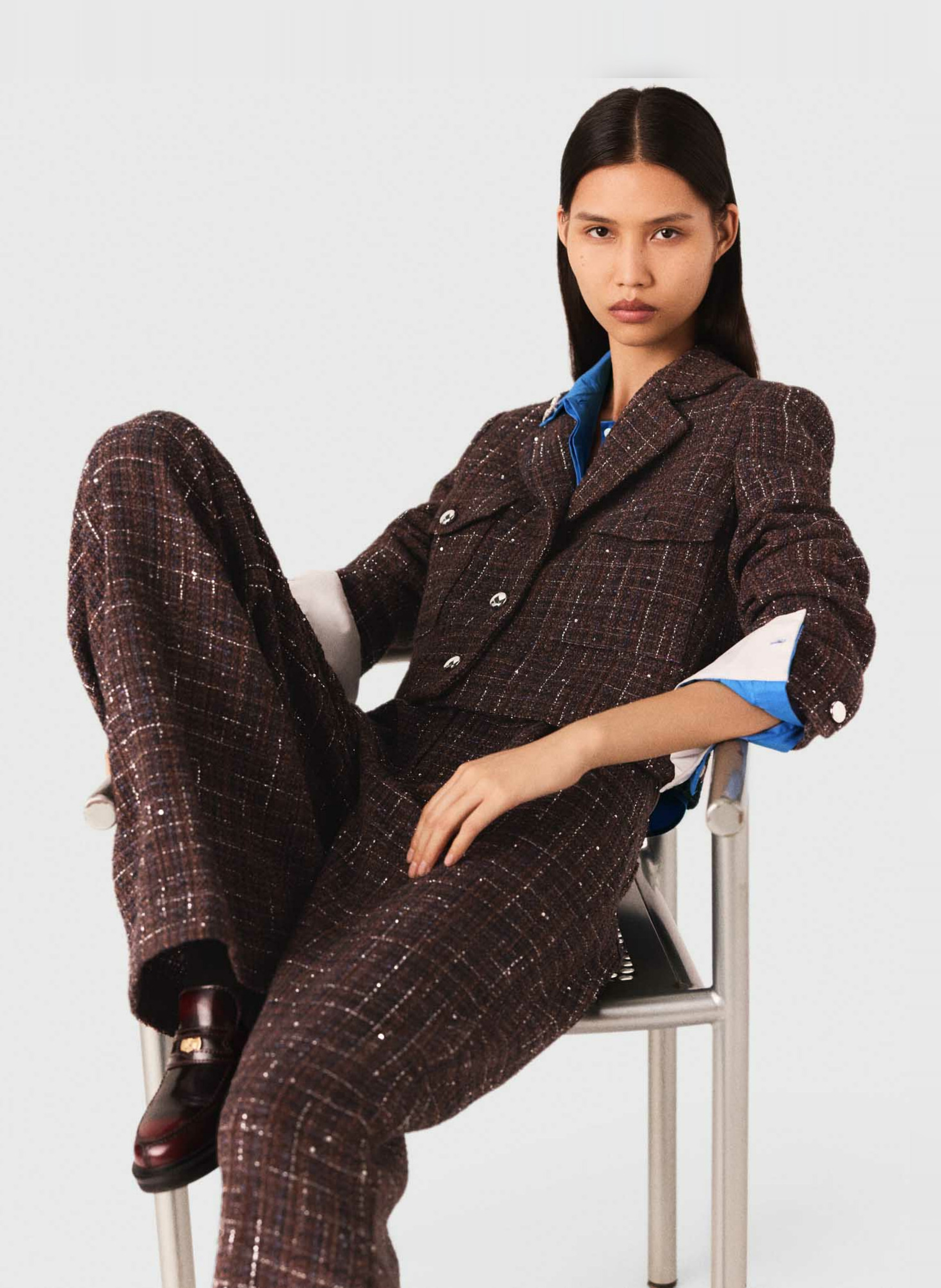 Pantalon droit taille haute en tweed MAJE Marron