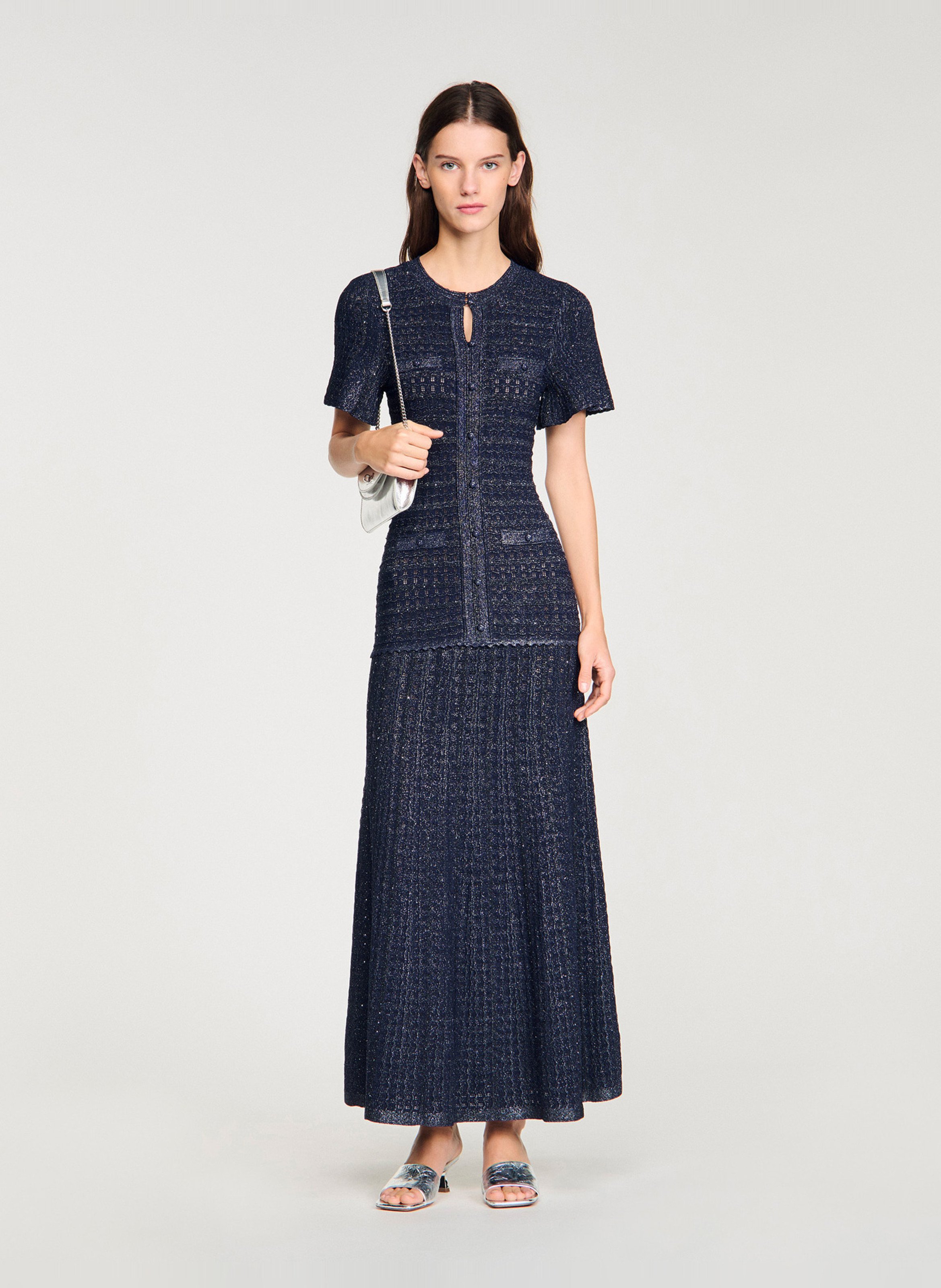 Robe longue ajustée en tweed pailleté SANDRO Bleu