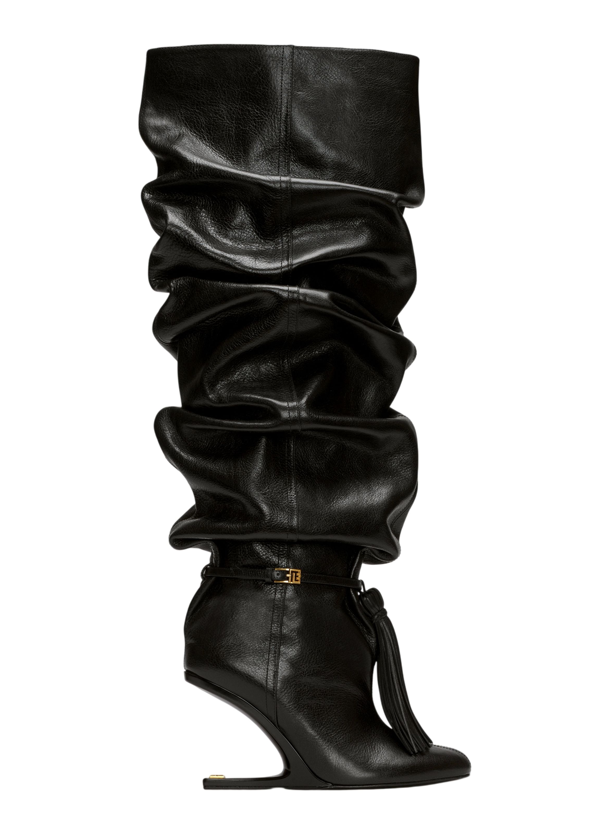 Cuissardes no wedge à pompon en cuir texturé BALMAIN Noir