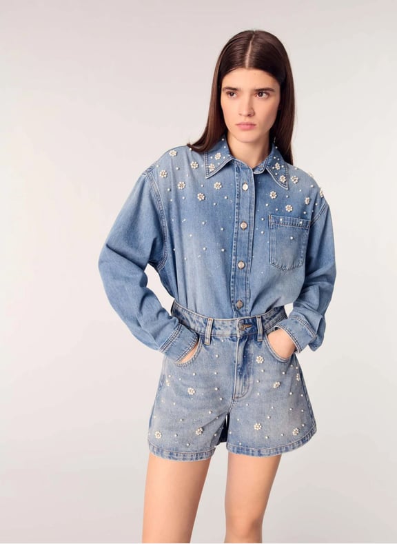 Short à broderies fleurs en jean Bleu by MAJE MAJE Short à broderies fleurs en jean Bleu
