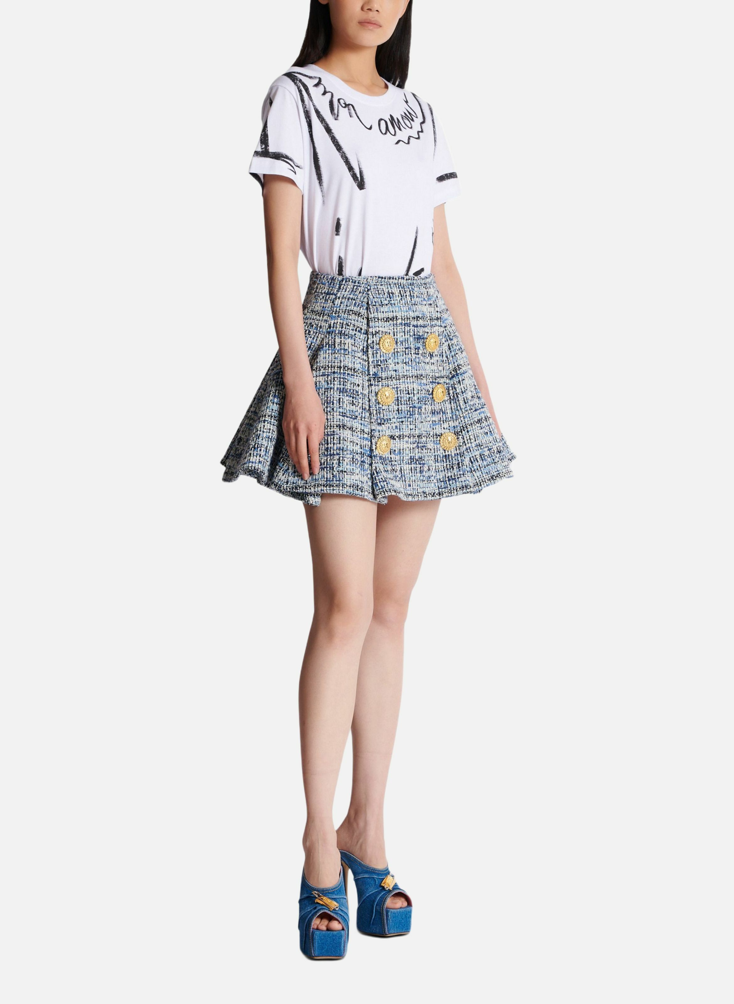 Jupe évasée à plis en tweed BALMAIN Bleu