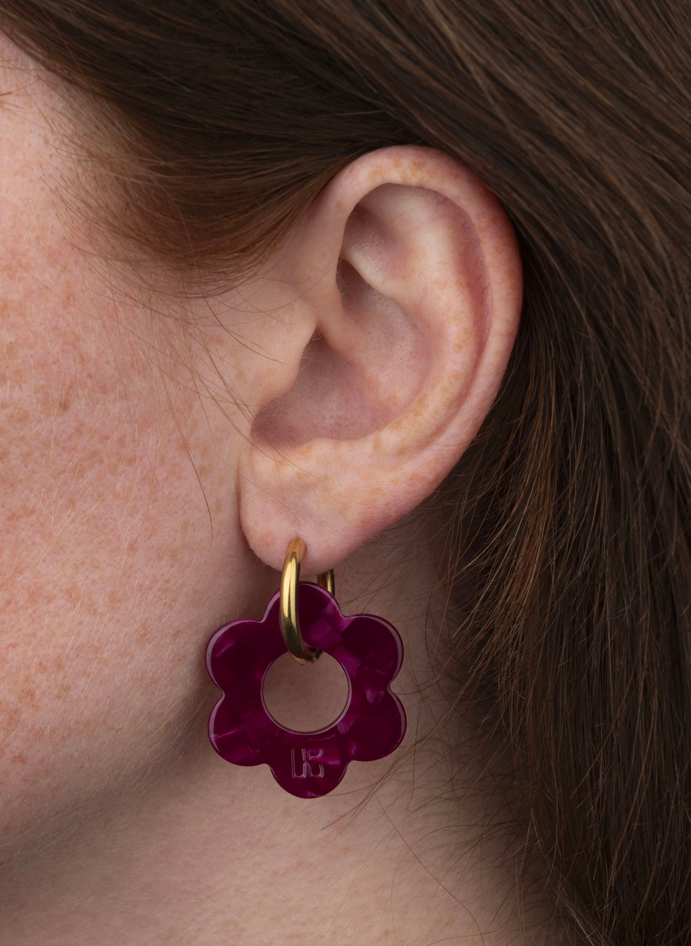 Boucles d'oreilles maxi fleurette avec anneaux en acier inoxydable doré Rouge