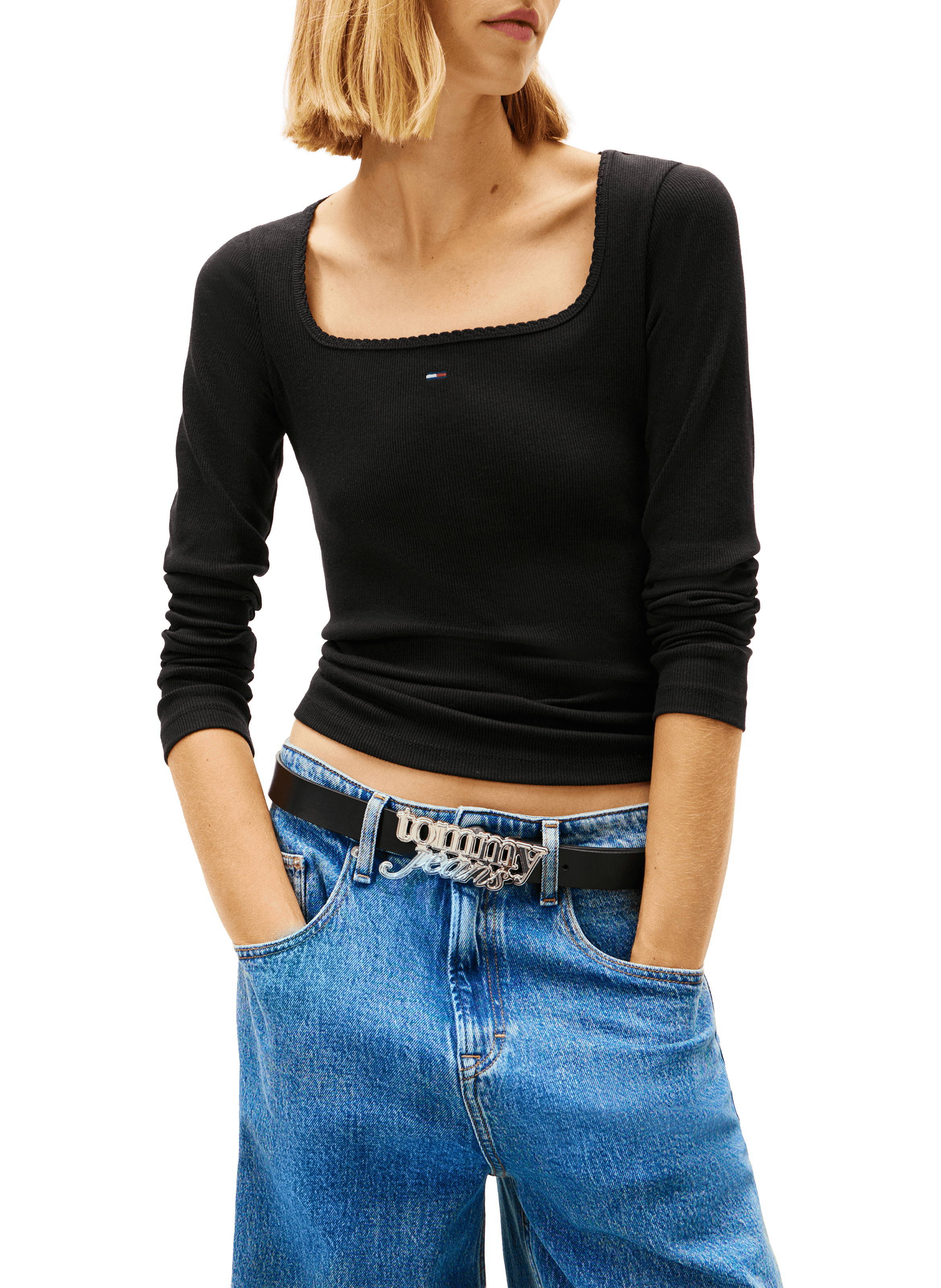 T-shirt côtelé à col carré en coton mélangé TOMMY HILFIGER Noir