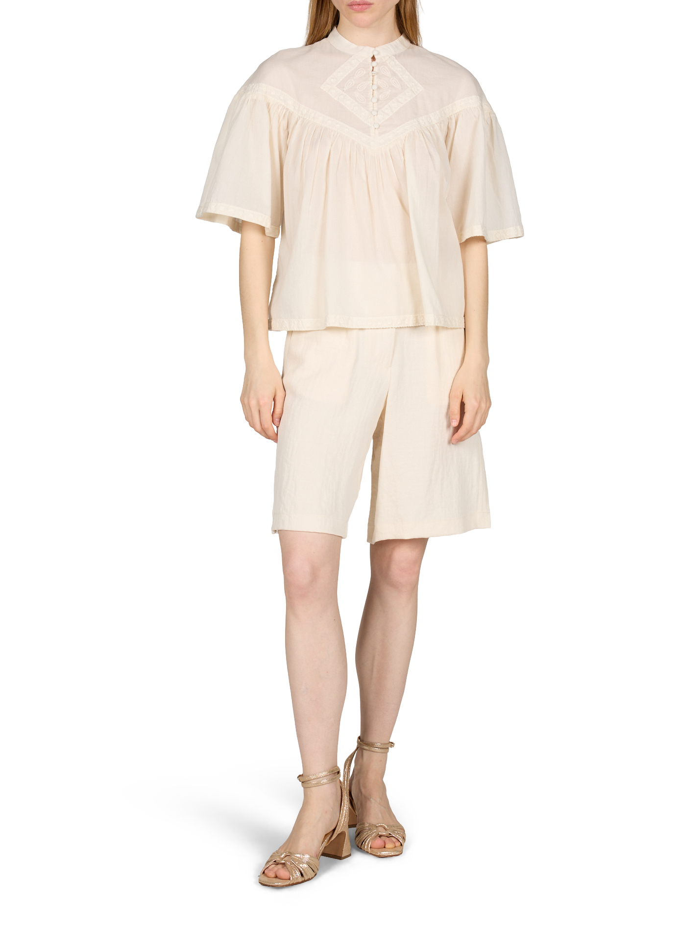 Embroidered cotton high-neck top VILA Beige