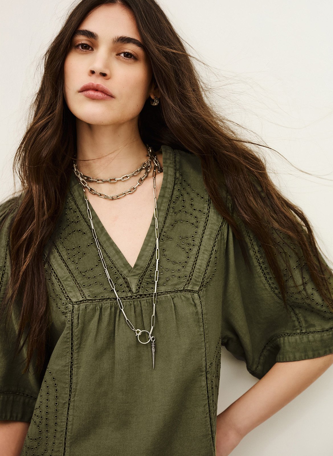 Robe courte col v en coton gina Kaki