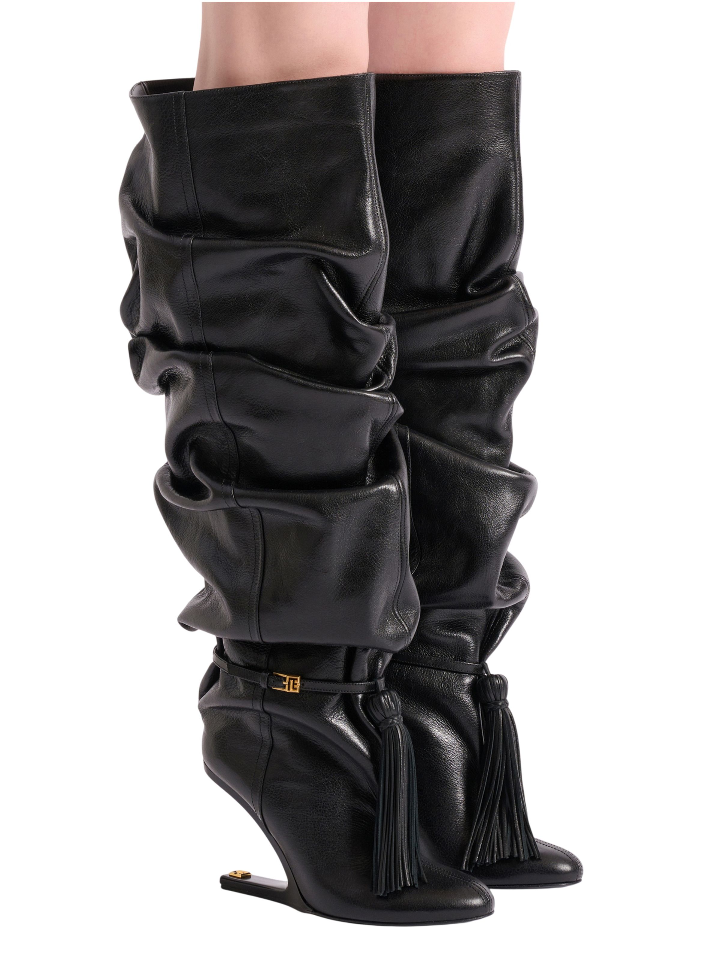 Cuissardes no wedge à pompon en cuir texturé BALMAIN Noir