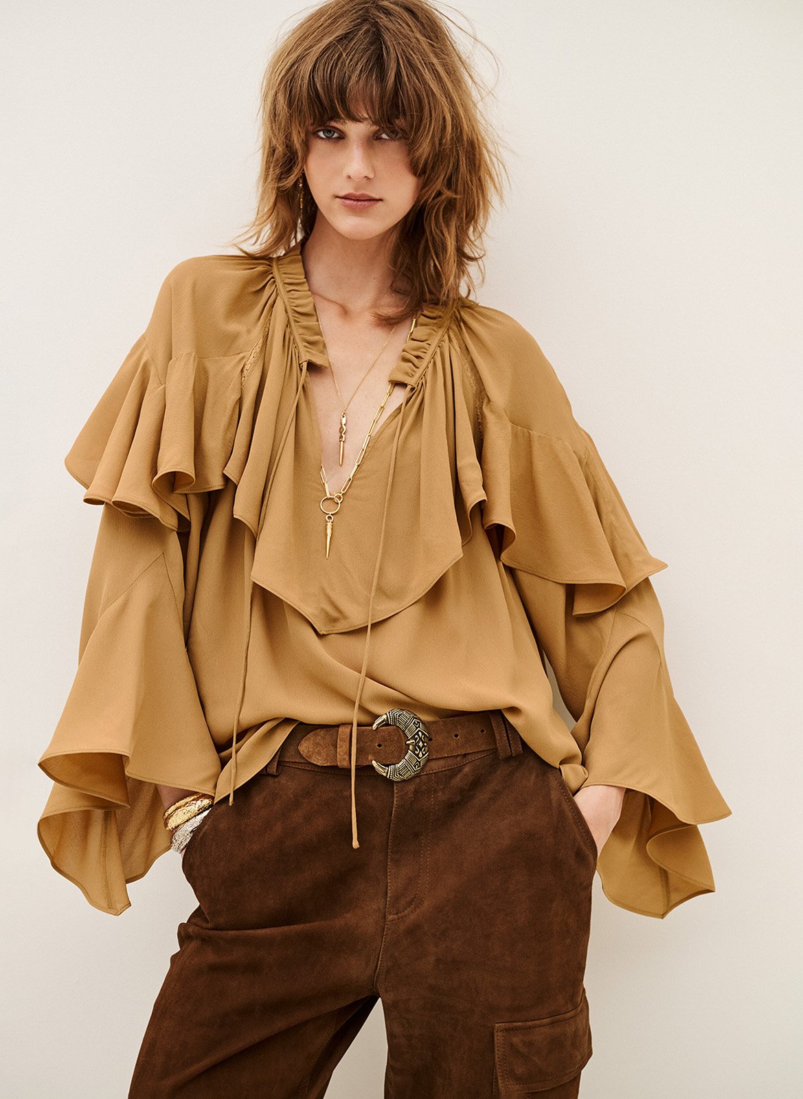 Blouse à volants manches longues betty BA&SH Marron