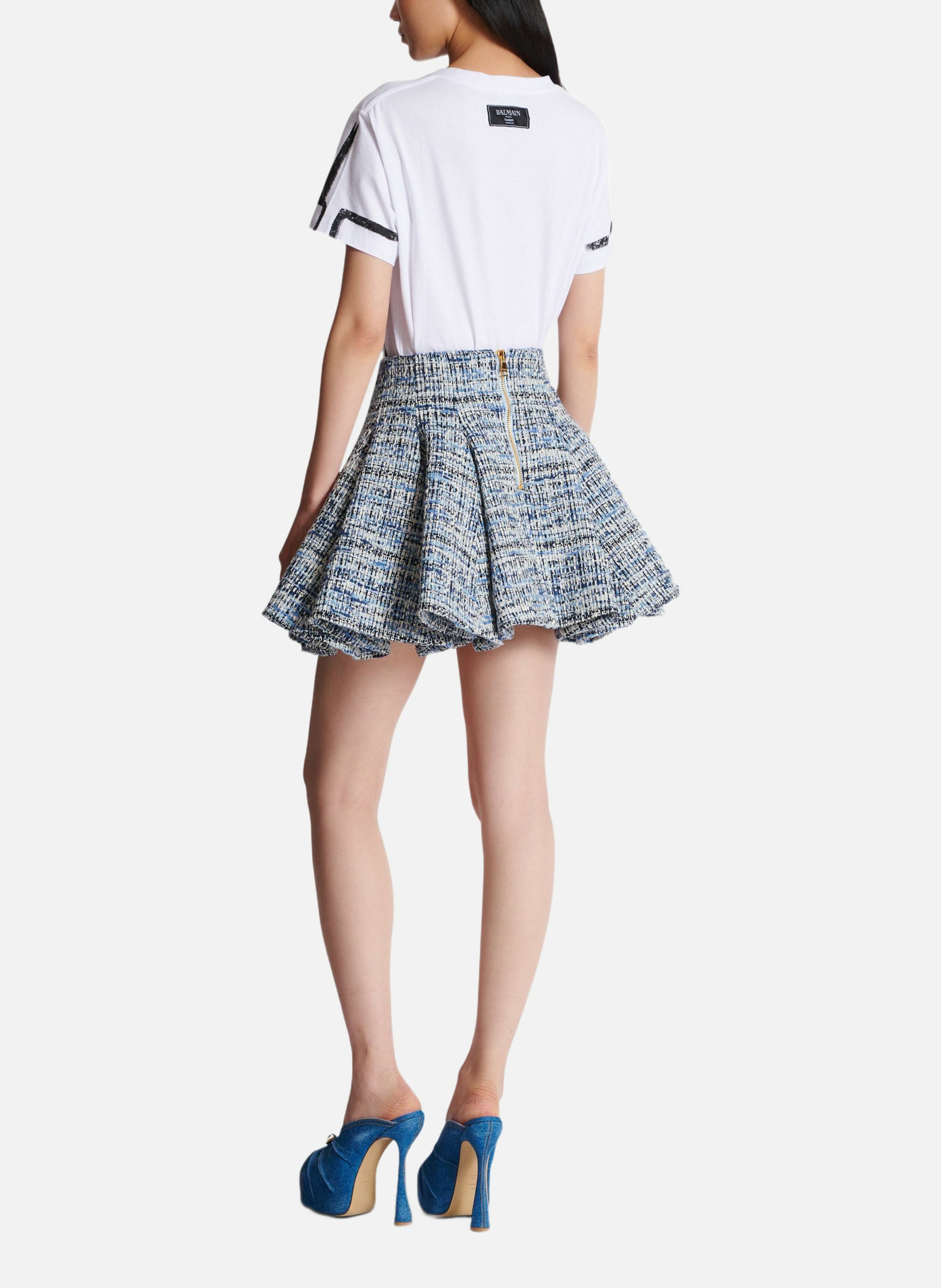 Jupe évasée à plis en tweed BALMAIN Bleu