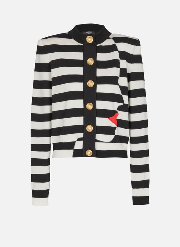 Cardigan en maille motif face marinière Noir by BALMAIN BALMAIN Cardigan en maille motif face marinière Noir